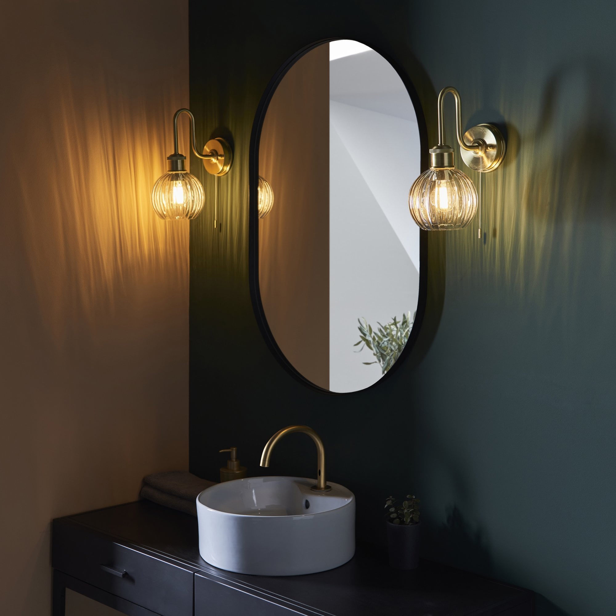 95507 Bathroom 1 Light Wall Light Satin Brass Plate & Clear Ribbed Glass
