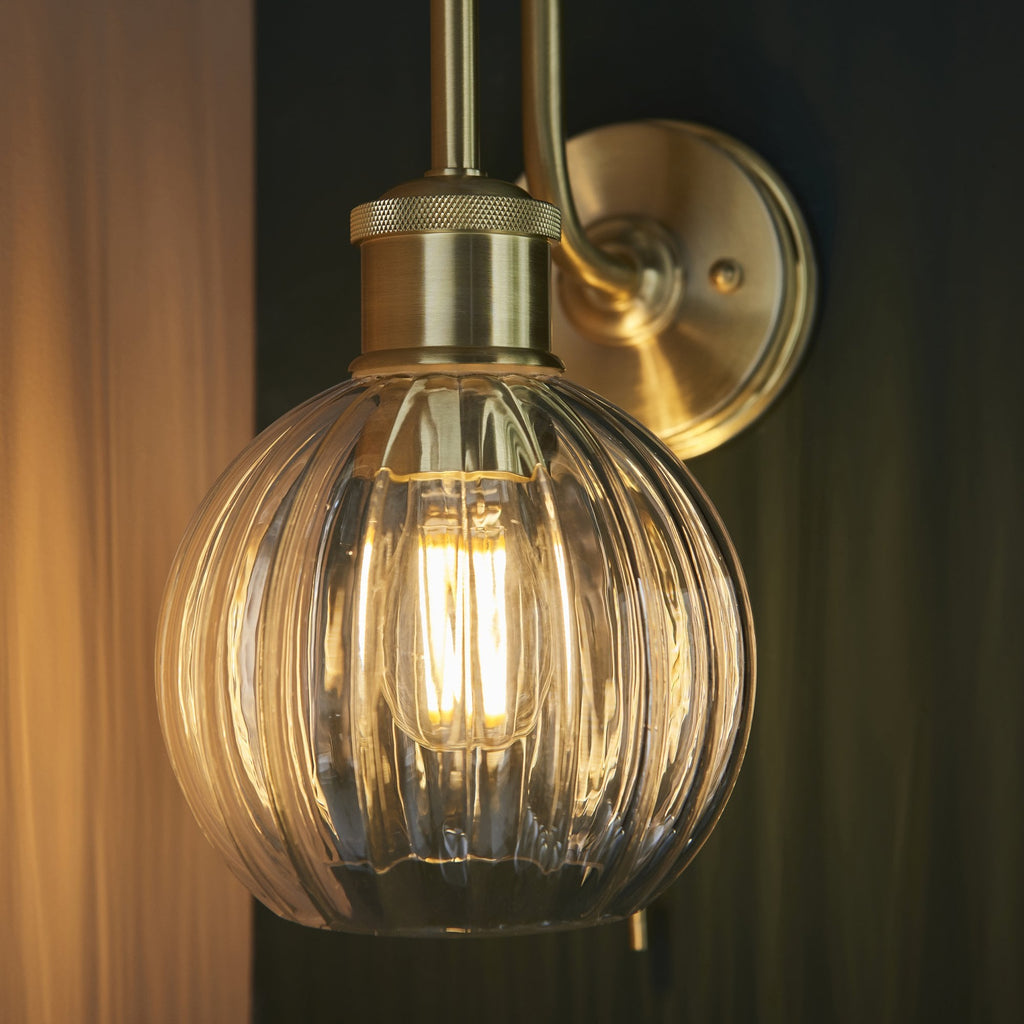 95507 Bathroom 1 Light Wall Light Satin Brass Plate & Clear Ribbed Glass