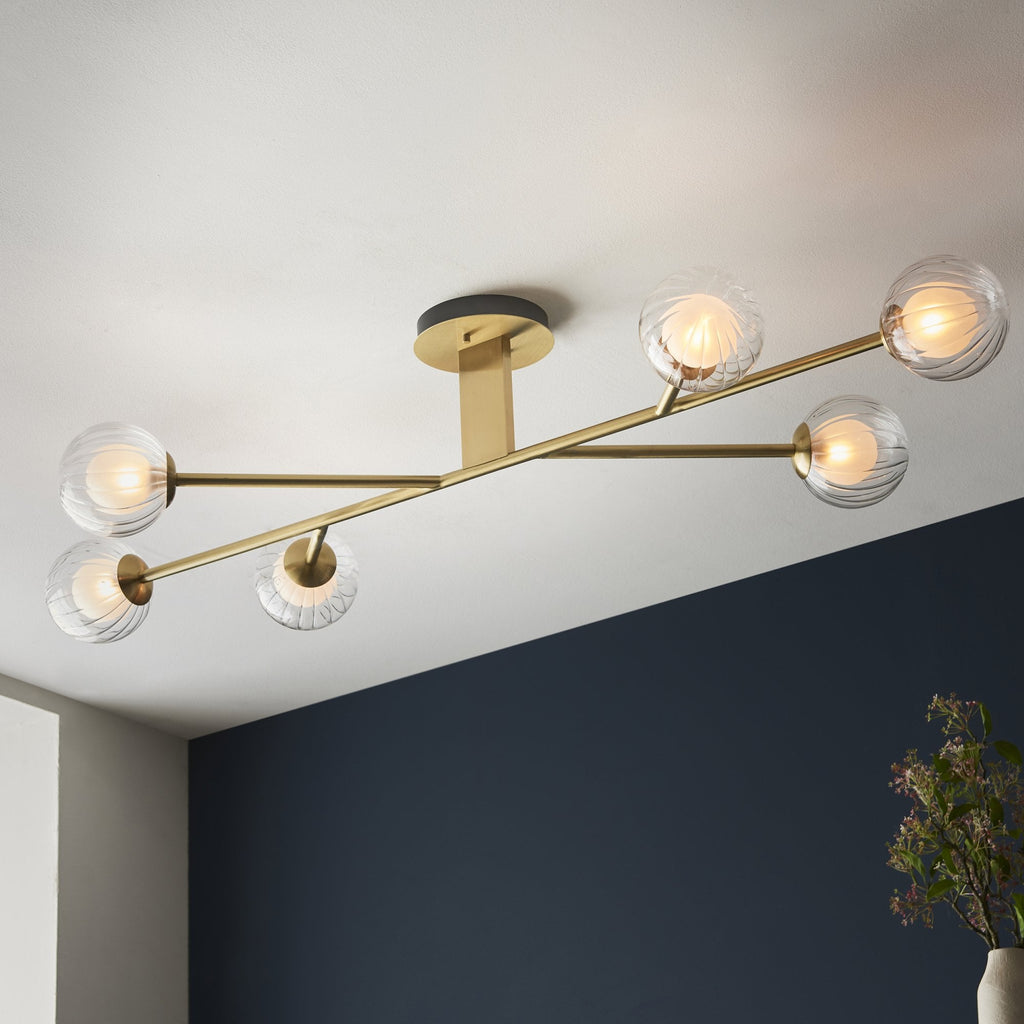 96689 6 Light Semi Flush Ceiling Light Satin Brass Plate & Clear/frosted Glass