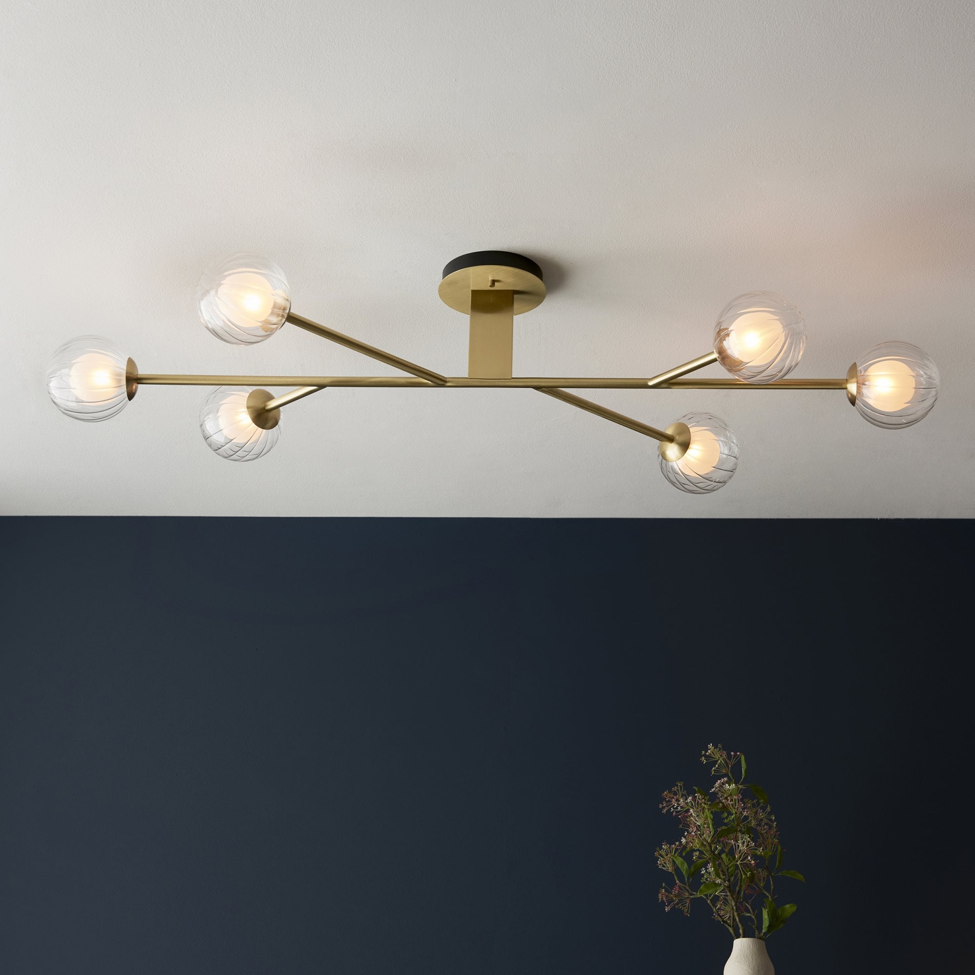 96689 6 Light Semi Flush Ceiling Light Satin Brass Plate & Clear/frosted Glass