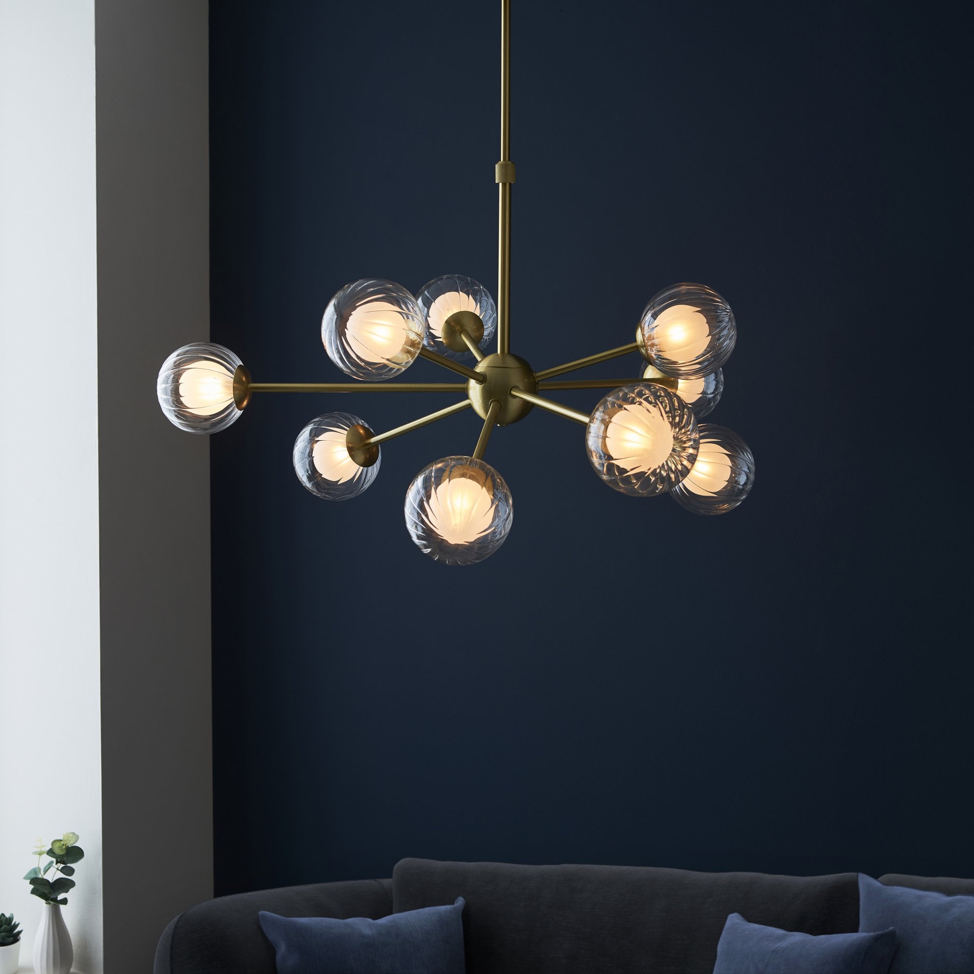 96690 9 Light Pendant Satin Brass Plate & Clear/frosted Glass
