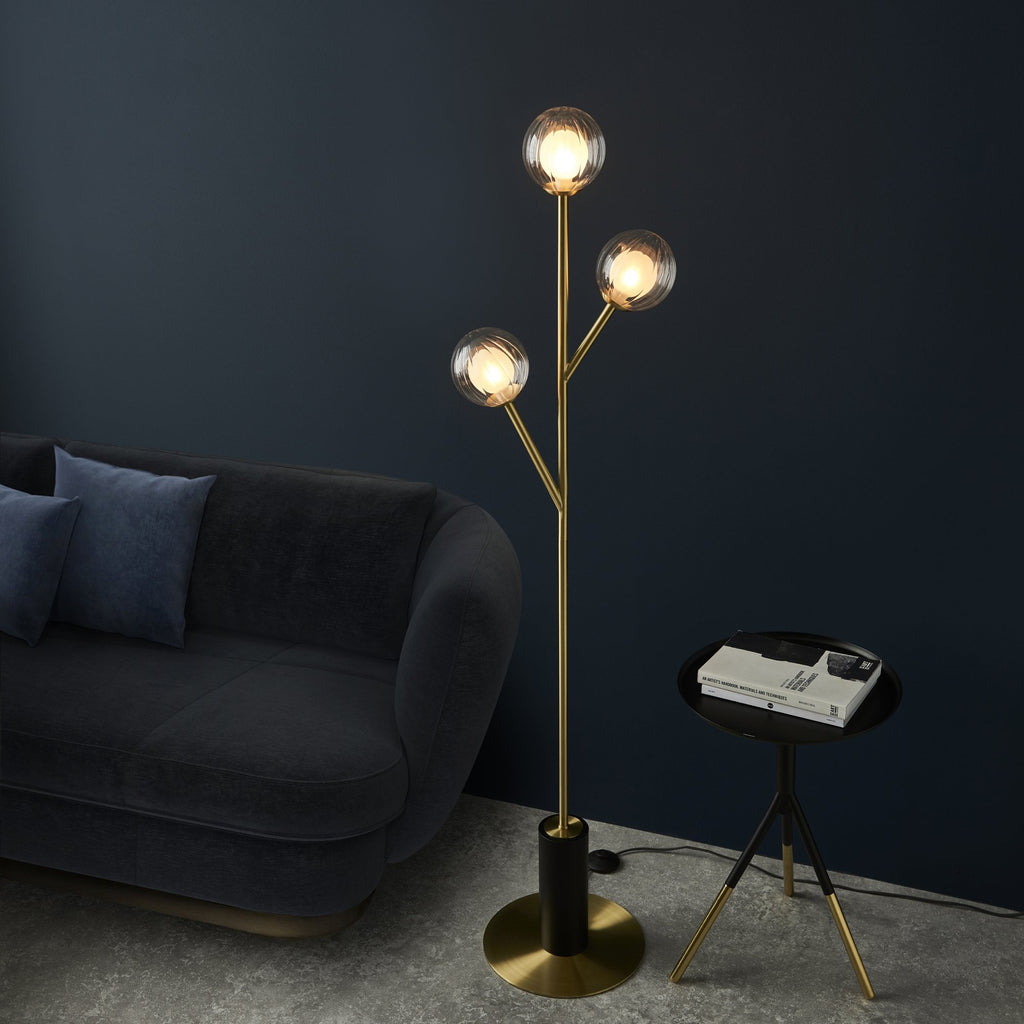 96693 3 Light Floor Lamp Satin Brass Plate & Clear/frosted Glass