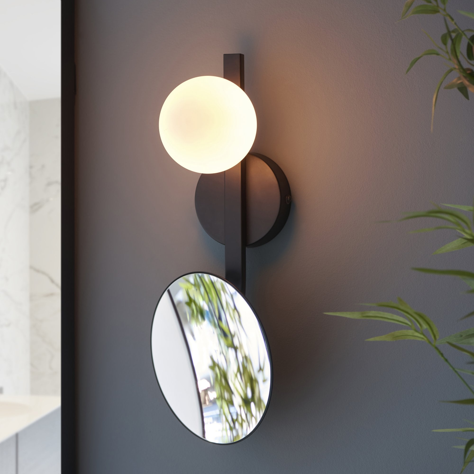 96729 Bathroom 1 Light Wall Light Matt Black, Mirrored Glass With Opal Glass