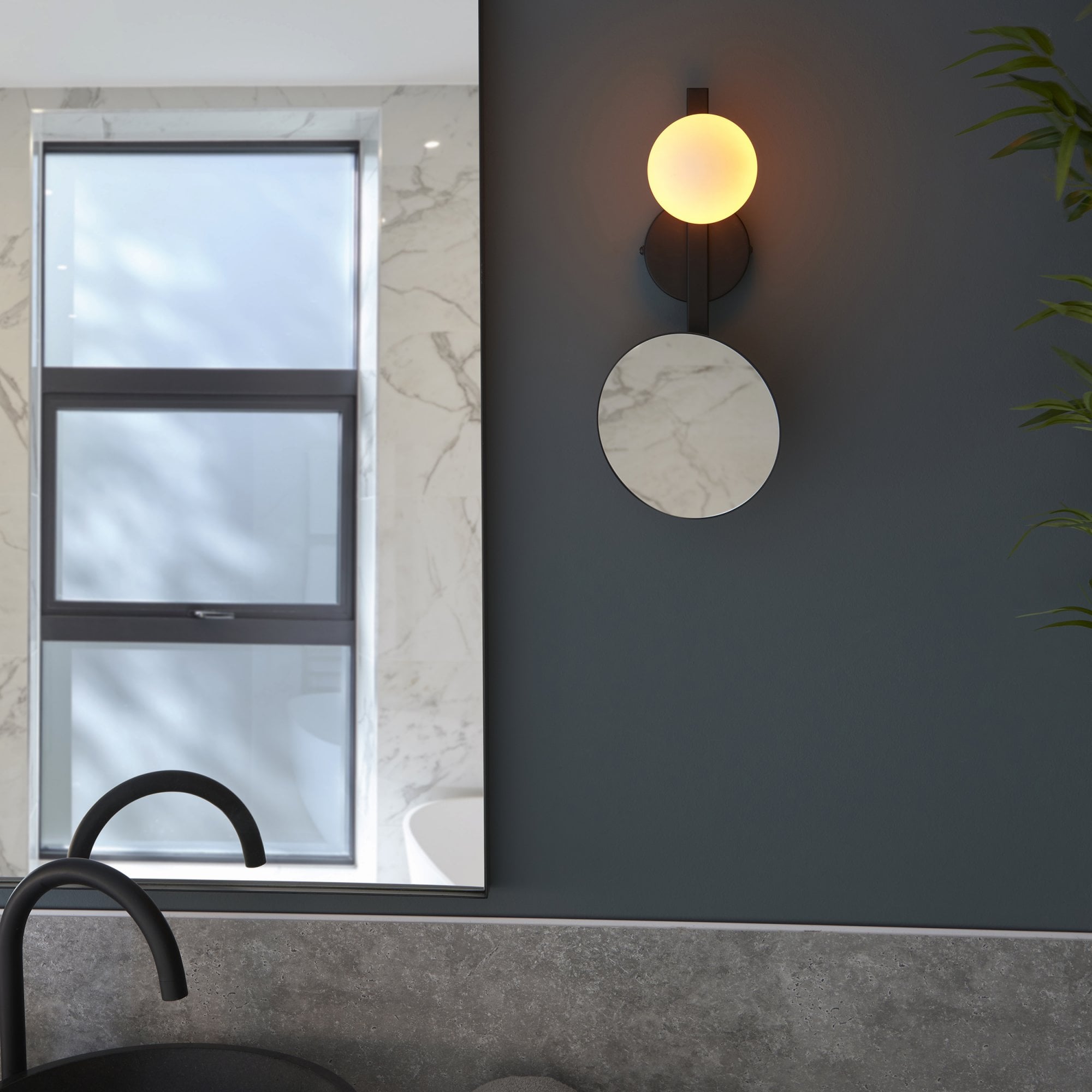 96729 Bathroom 1 Light Wall Light Matt Black, Mirrored Glass With Opal Glass