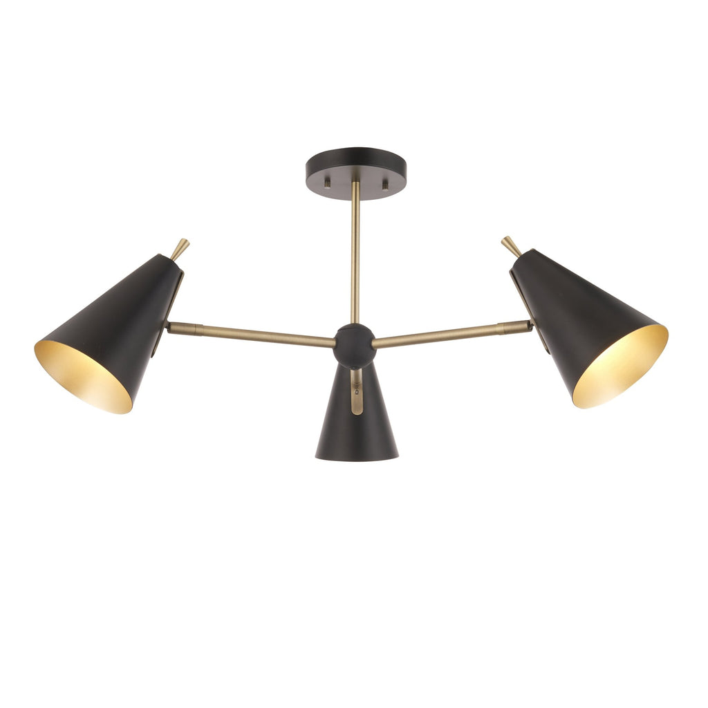 96746 3 Light Semi Flush Ceiling Light Matt Antique Brass Plate & Matt Black