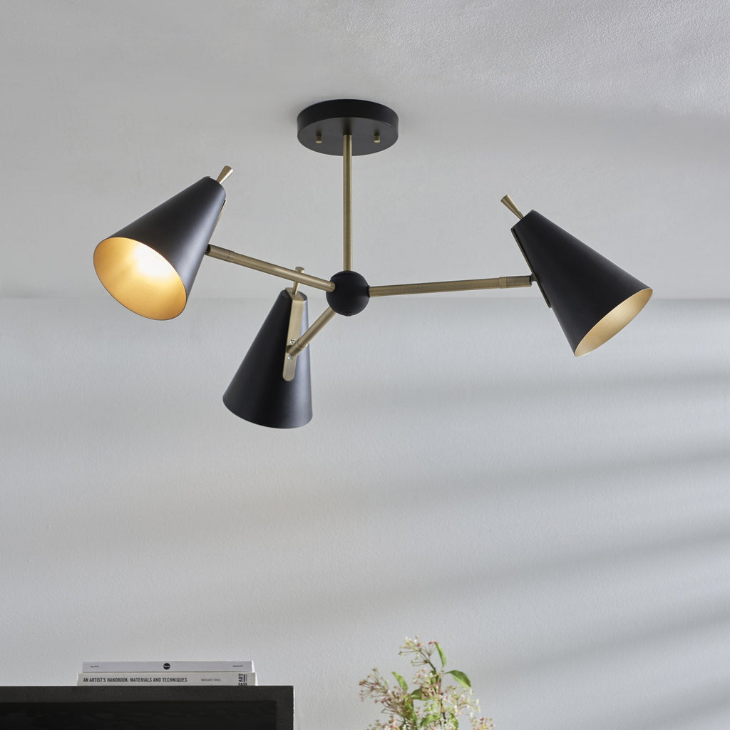 96746 3 Light Semi Flush Ceiling Light Matt Antique Brass Plate & Matt Black