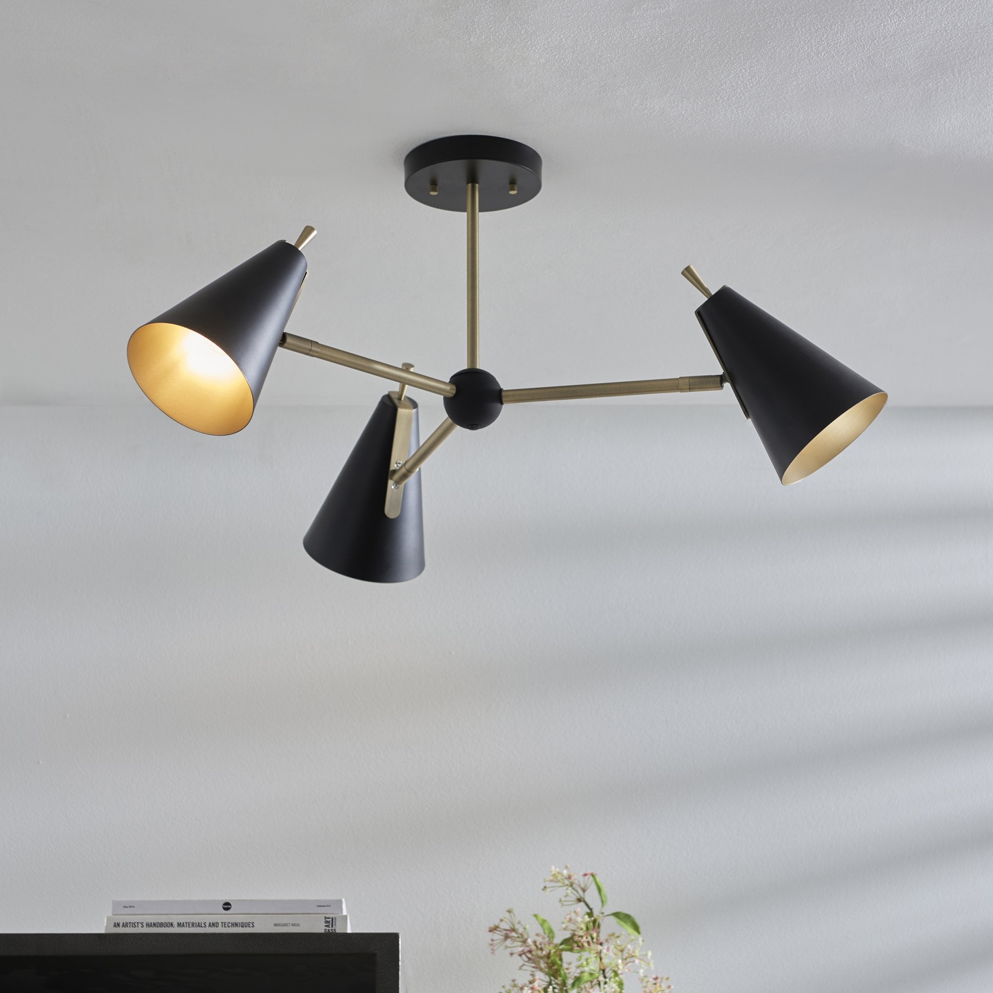 96746 3 Light Semi Flush Ceiling Light Matt Antique Brass Plate & Matt Black