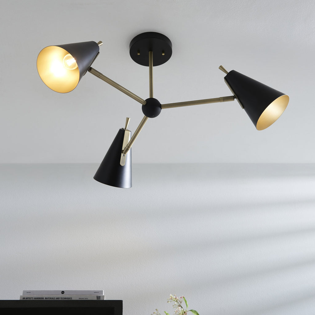 96746 3 Light Semi Flush Ceiling Light Matt Antique Brass Plate & Matt Black