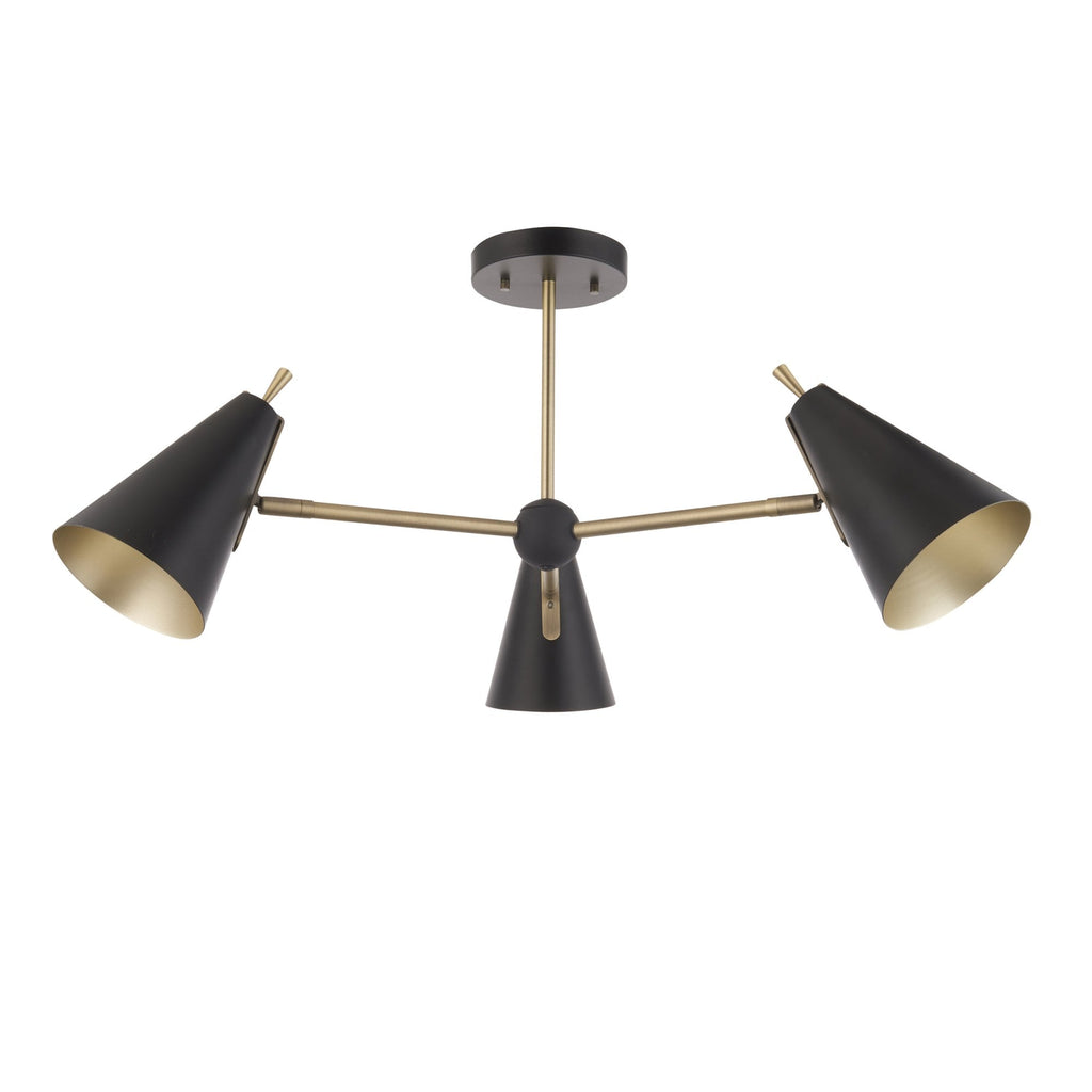 96746 3 Light Semi Flush Ceiling Light Matt Antique Brass Plate & Matt Black