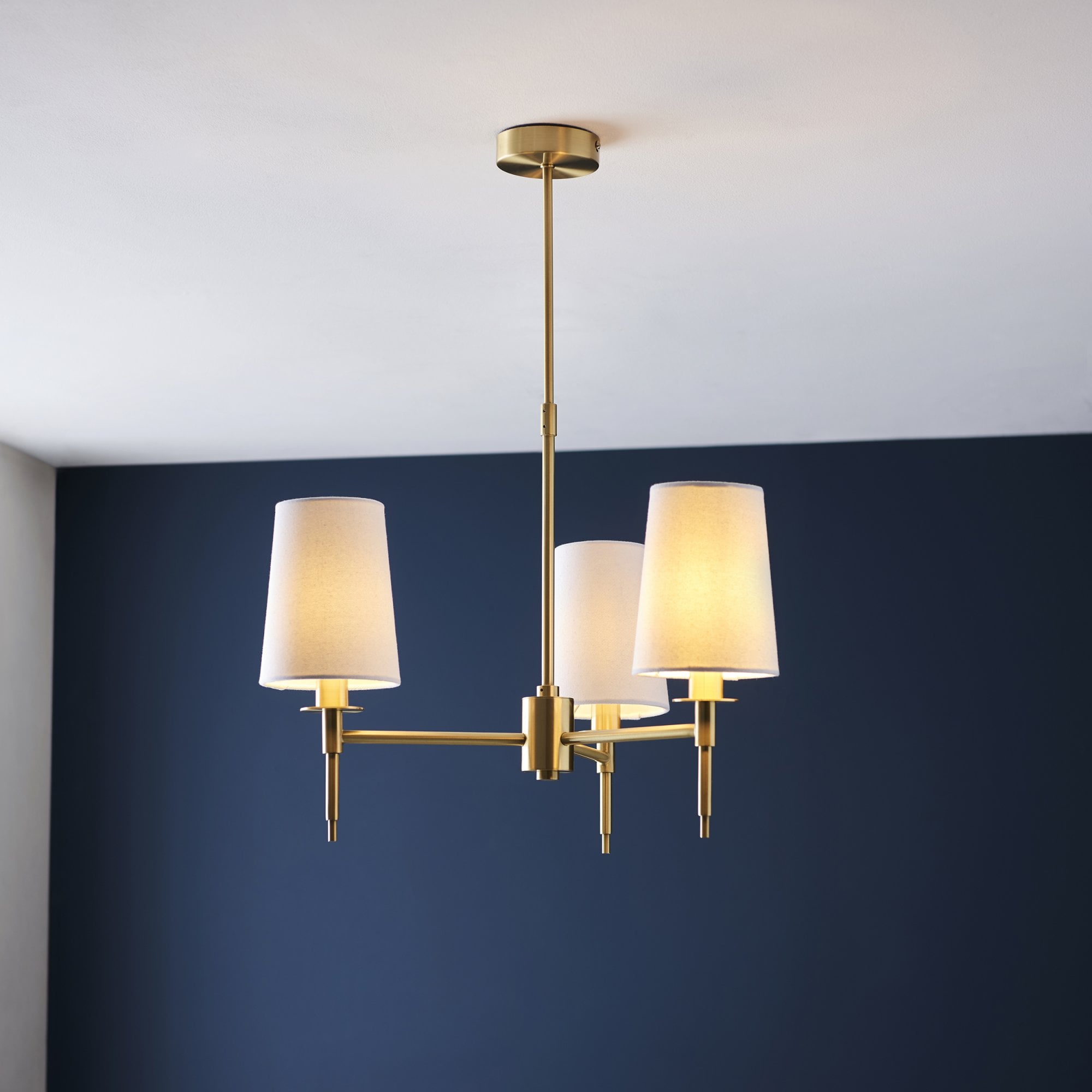 99456 3 Light Pendant Satin Brass Plate & Vintage White Fabric