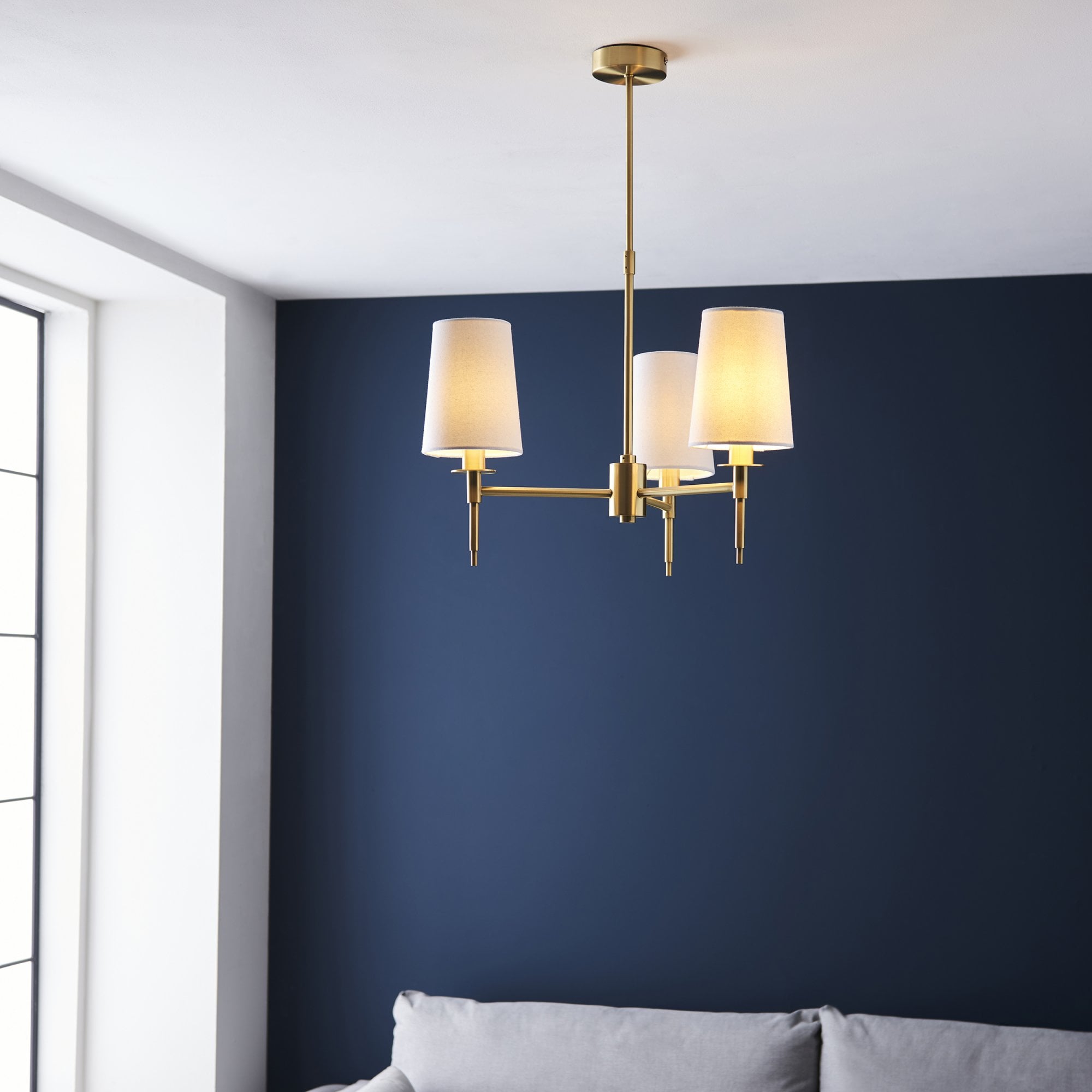 99456 3 Light Pendant Satin Brass Plate & Vintage White Fabric