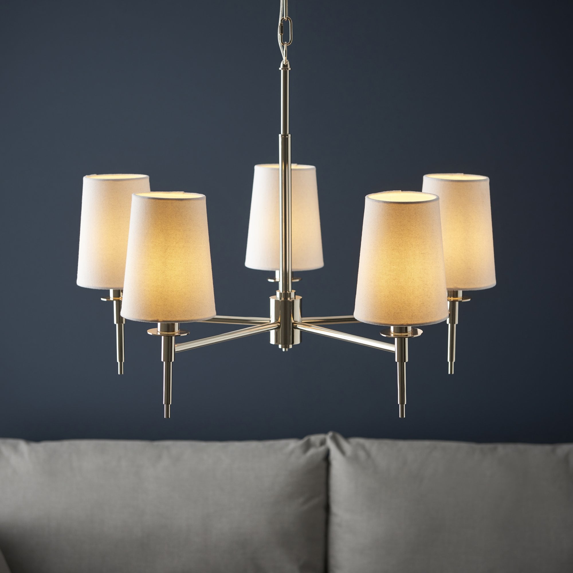 99457 5 Light Pendant Bright Nickel Plate & Vintage White Fabric