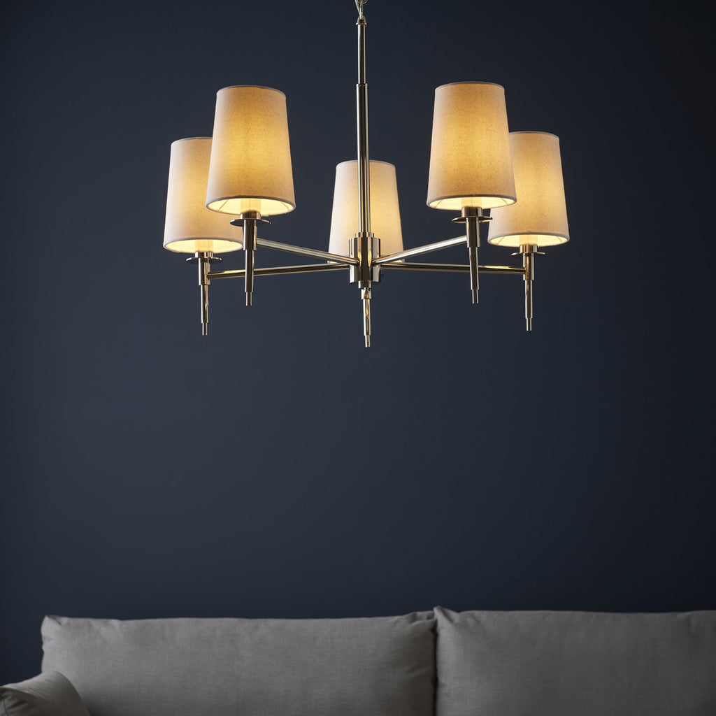 99457 5 Light Pendant Bright Nickel Plate & Vintage White Fabric