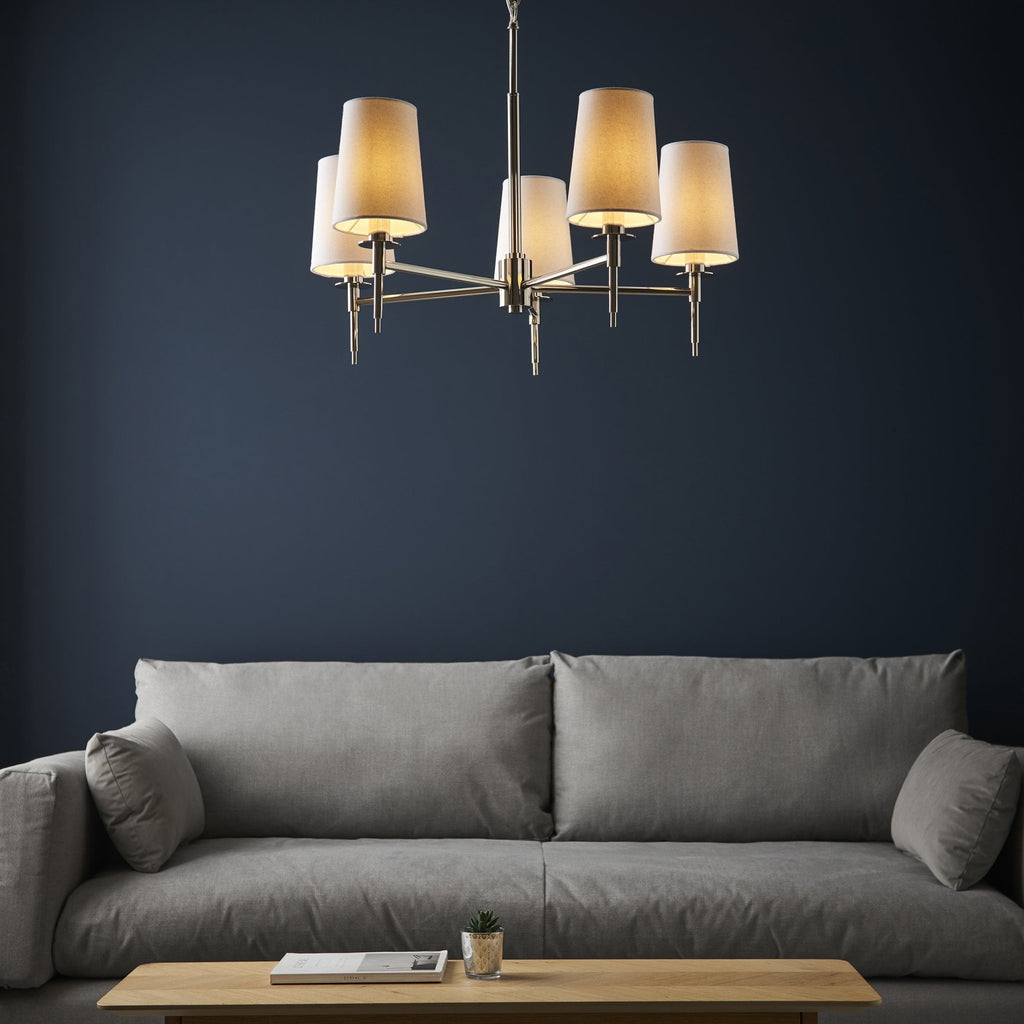 99457 5 Light Pendant Bright Nickel Plate & Vintage White Fabric