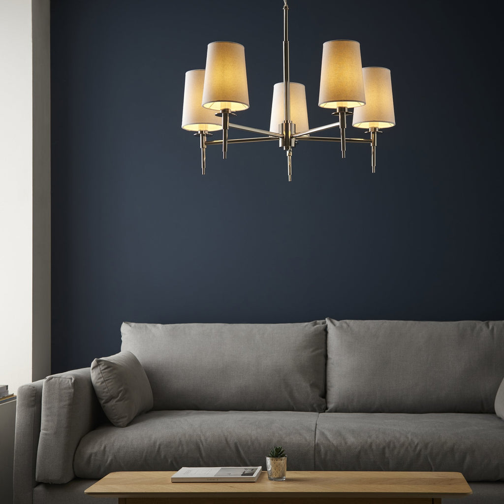 99457 5 Light Pendant Bright Nickel Plate & Vintage White Fabric