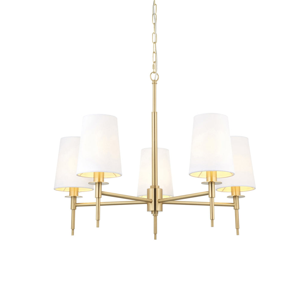 99458 5 Light Pendant Satin Brass Plate & Vintage White Fabric