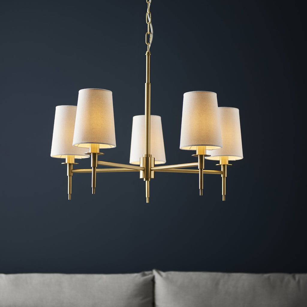 99458 5 Light Pendant Satin Brass Plate & Vintage White Fabric
