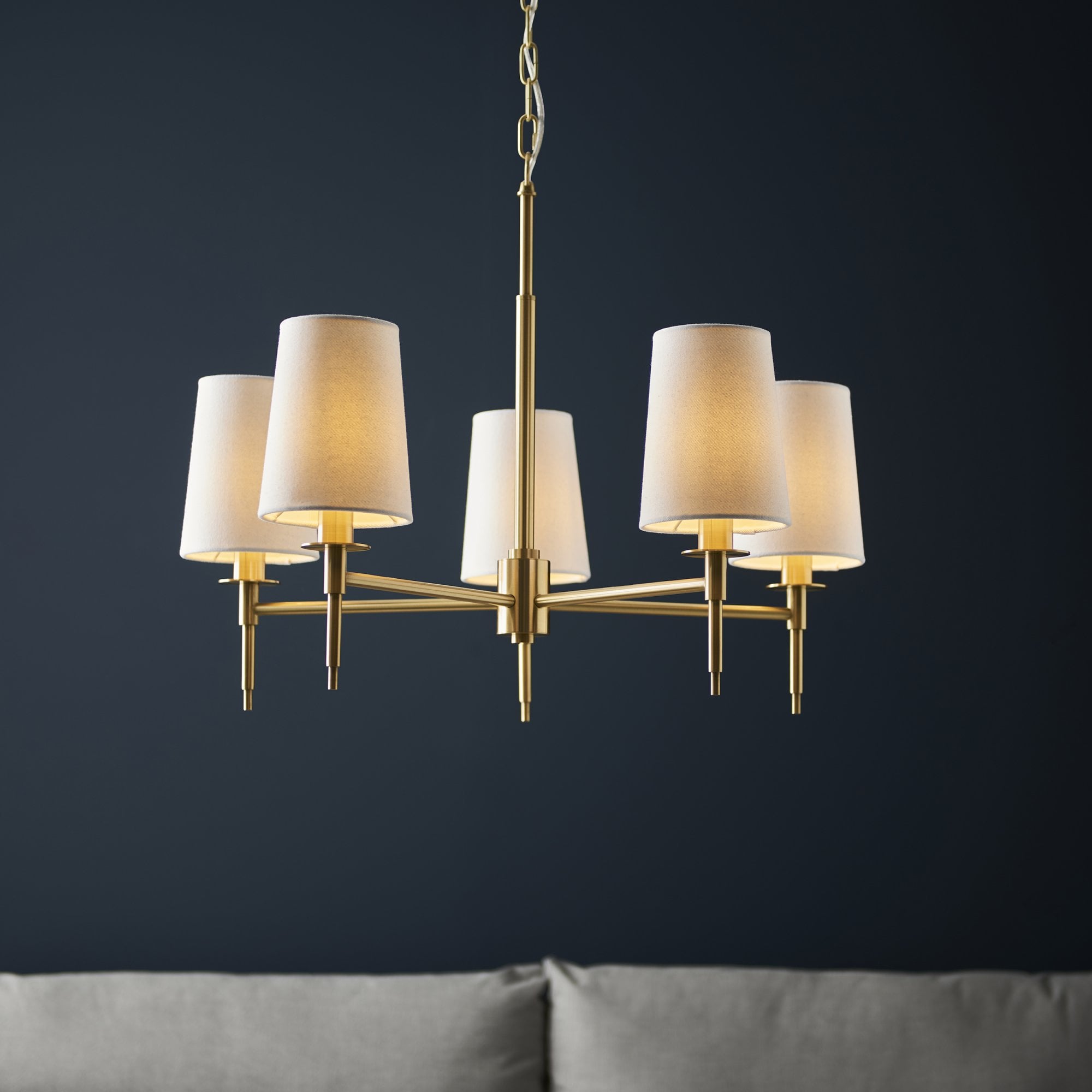 99458 5 Light Pendant Satin Brass Plate & Vintage White Fabric