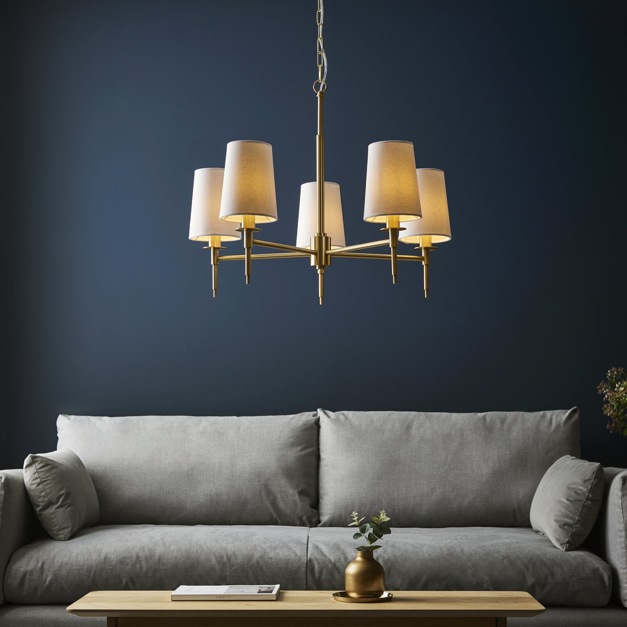 99458 5 Light Pendant Satin Brass Plate & Vintage White Fabric