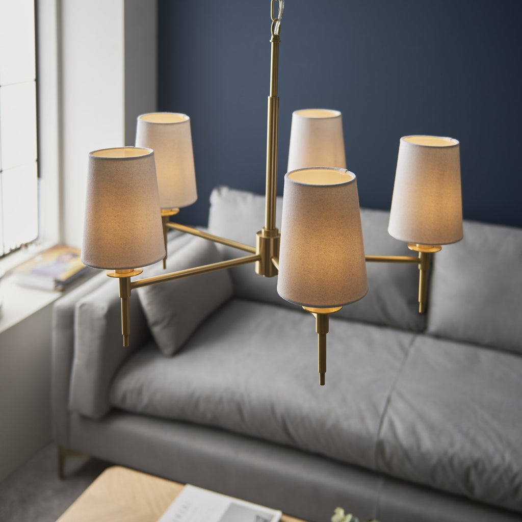 99458 5 Light Pendant Satin Brass Plate & Vintage White Fabric