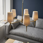 99458 5 Light Pendant Satin Brass Plate & Vintage White Fabric