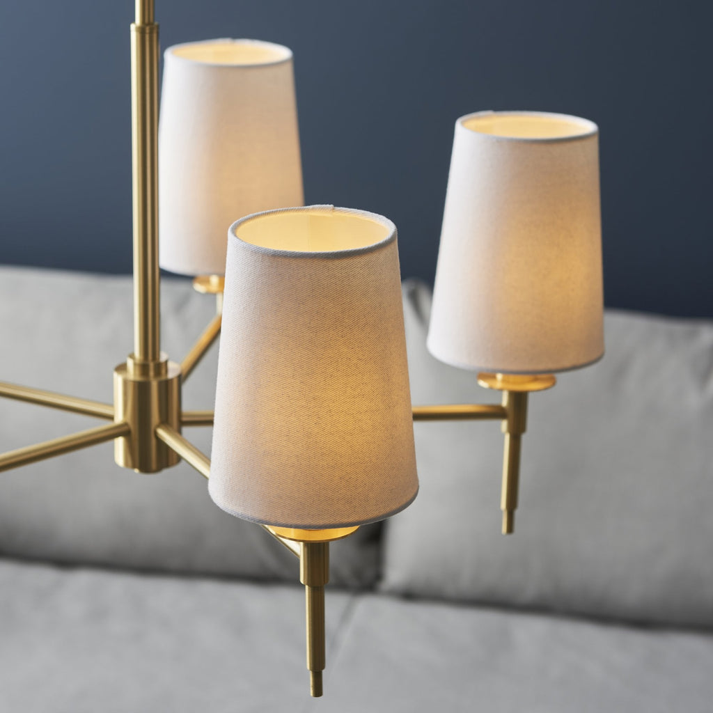 99458 5 Light Pendant Satin Brass Plate & Vintage White Fabric