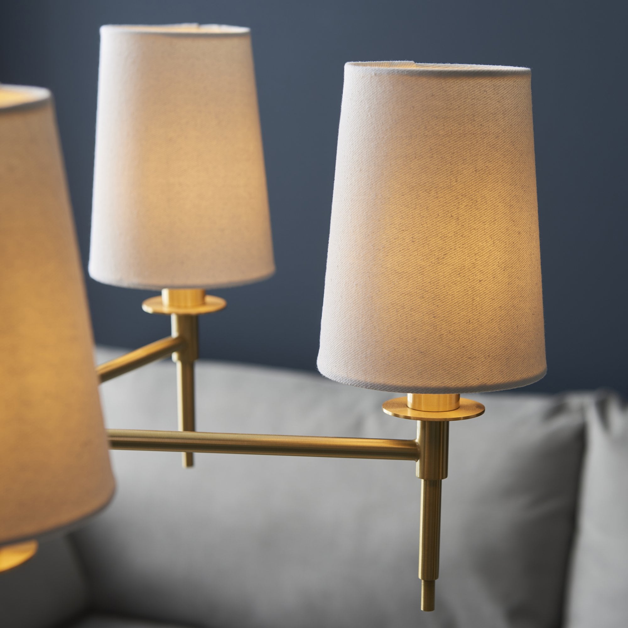 99458 5 Light Pendant Satin Brass Plate & Vintage White Fabric