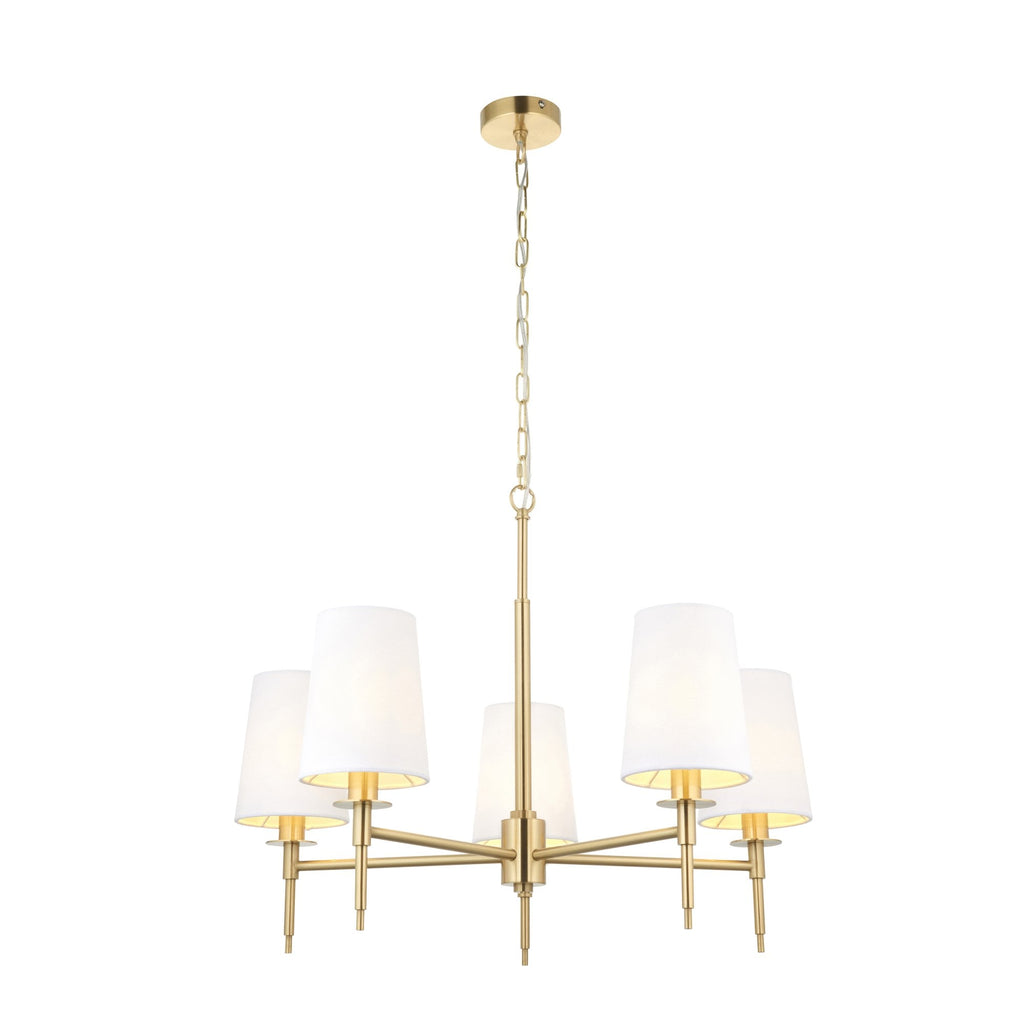 99458 5 Light Pendant Satin Brass Plate & Vintage White Fabric