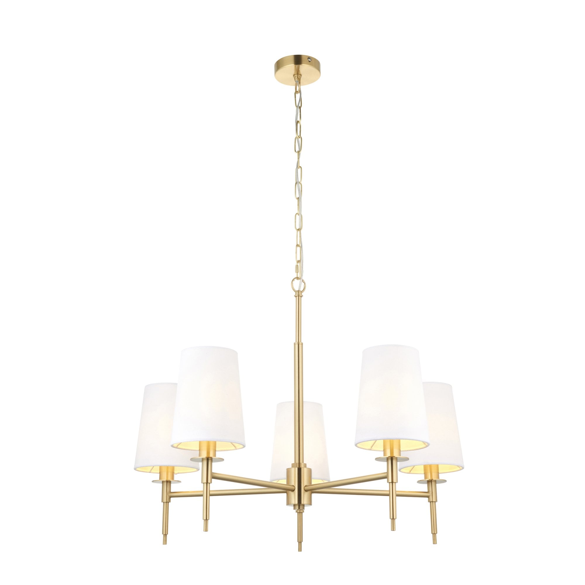99458 5 Light Pendant Satin Brass Plate & Vintage White Fabric