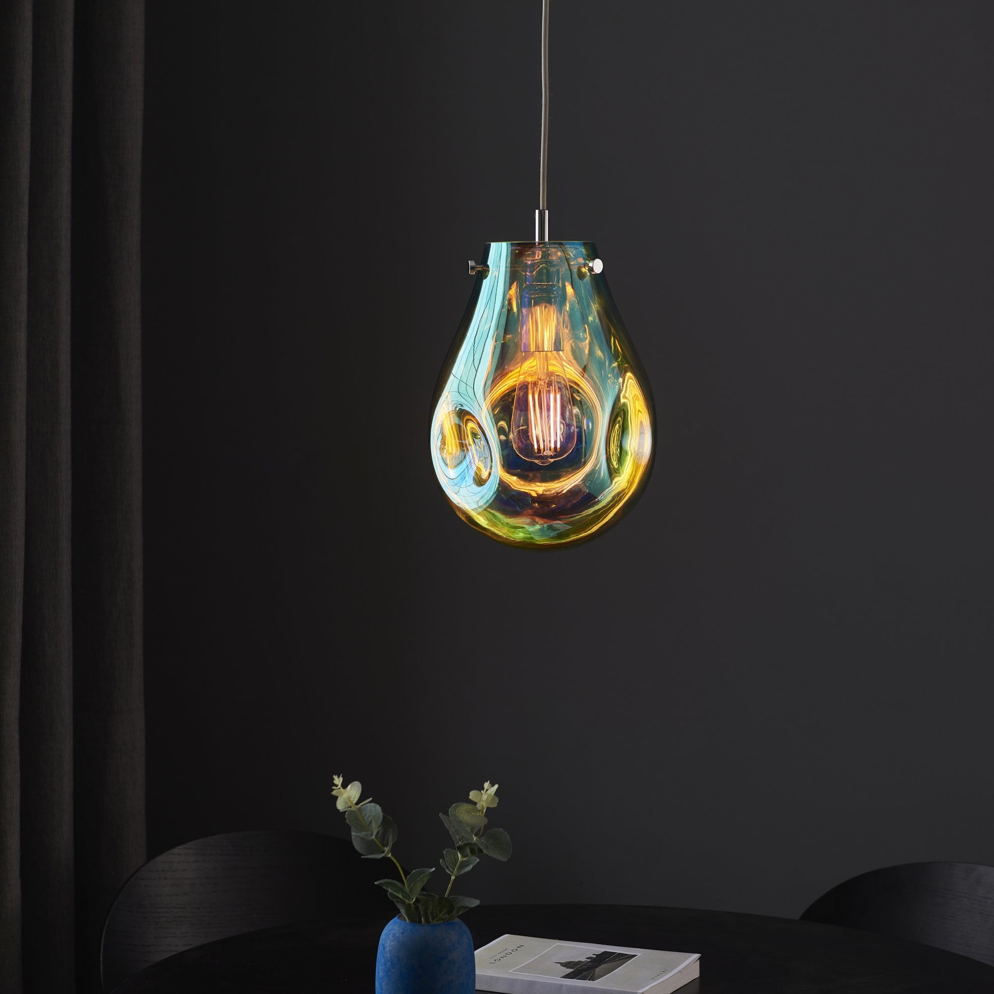 99517 1 Light Pendant Petrol Metallic Glass & Chrome Plate