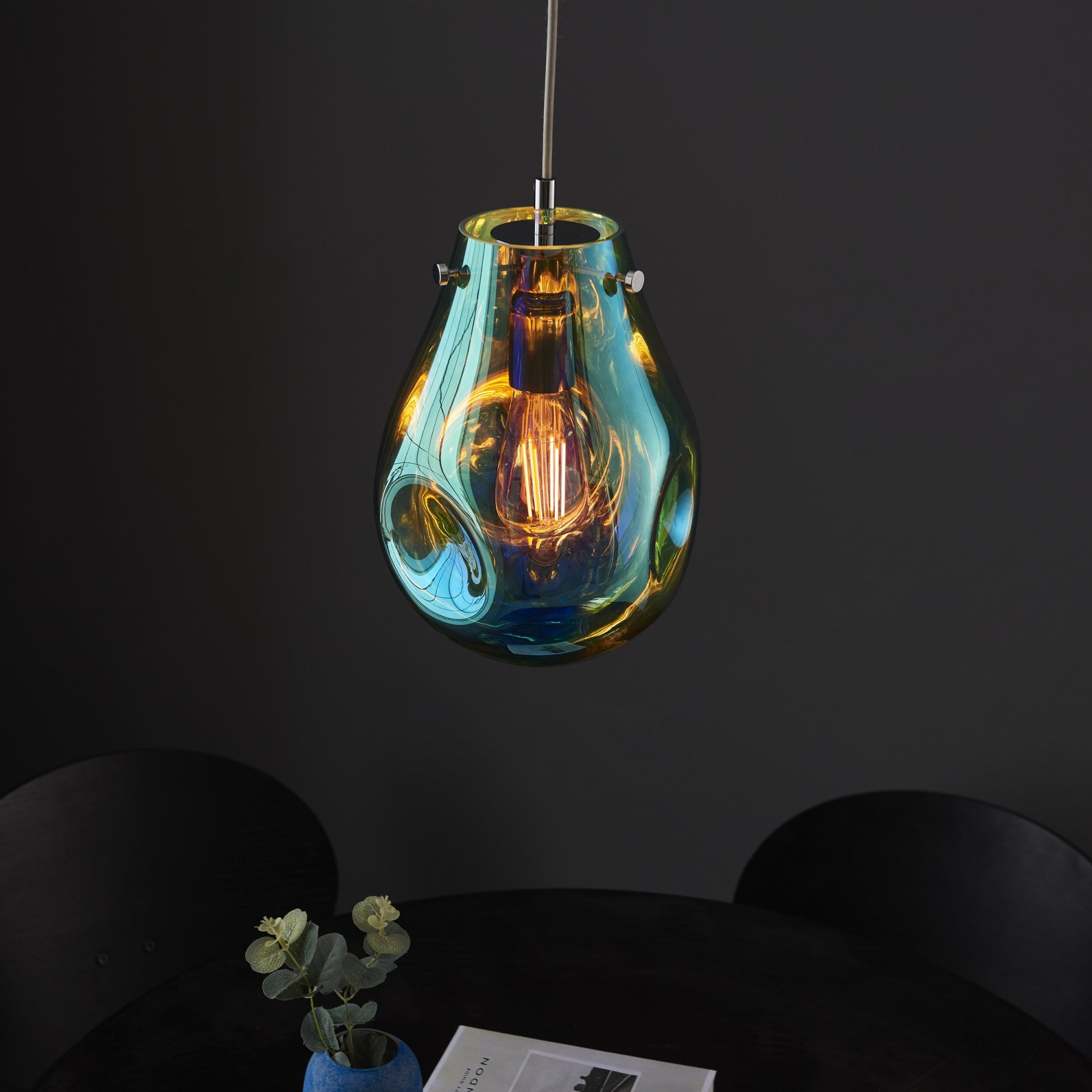 99517 1 Light Pendant Petrol Metallic Glass & Chrome Plate