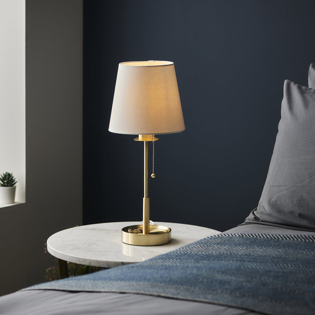 99595 1 Light Table Lamp Satin Brass Plate & Vintage White Fabric