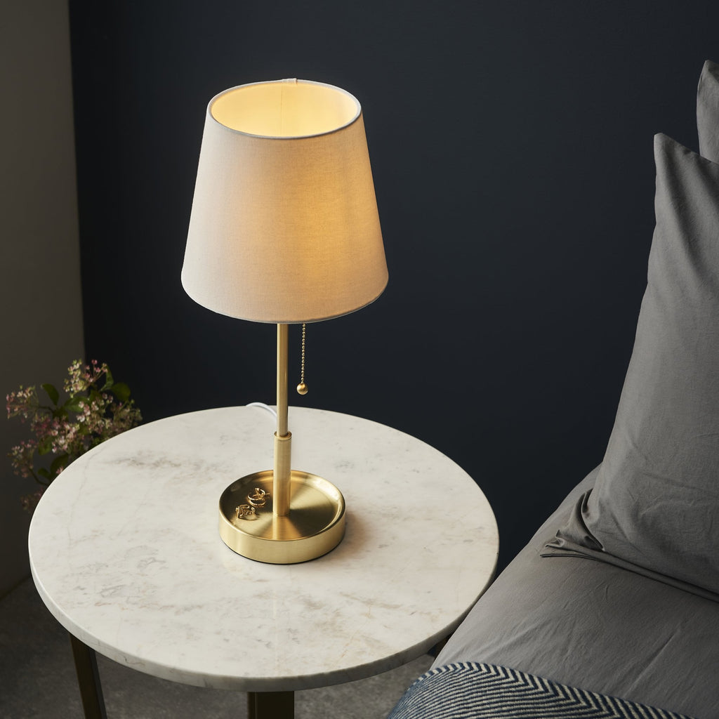 99595 1 Light Table Lamp Satin Brass Plate & Vintage White Fabric