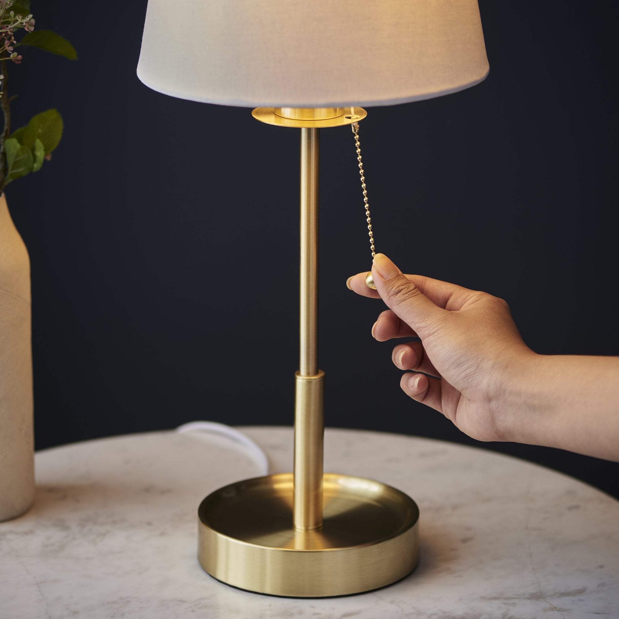 99595 1 Light Table Lamp Satin Brass Plate & Vintage White Fabric