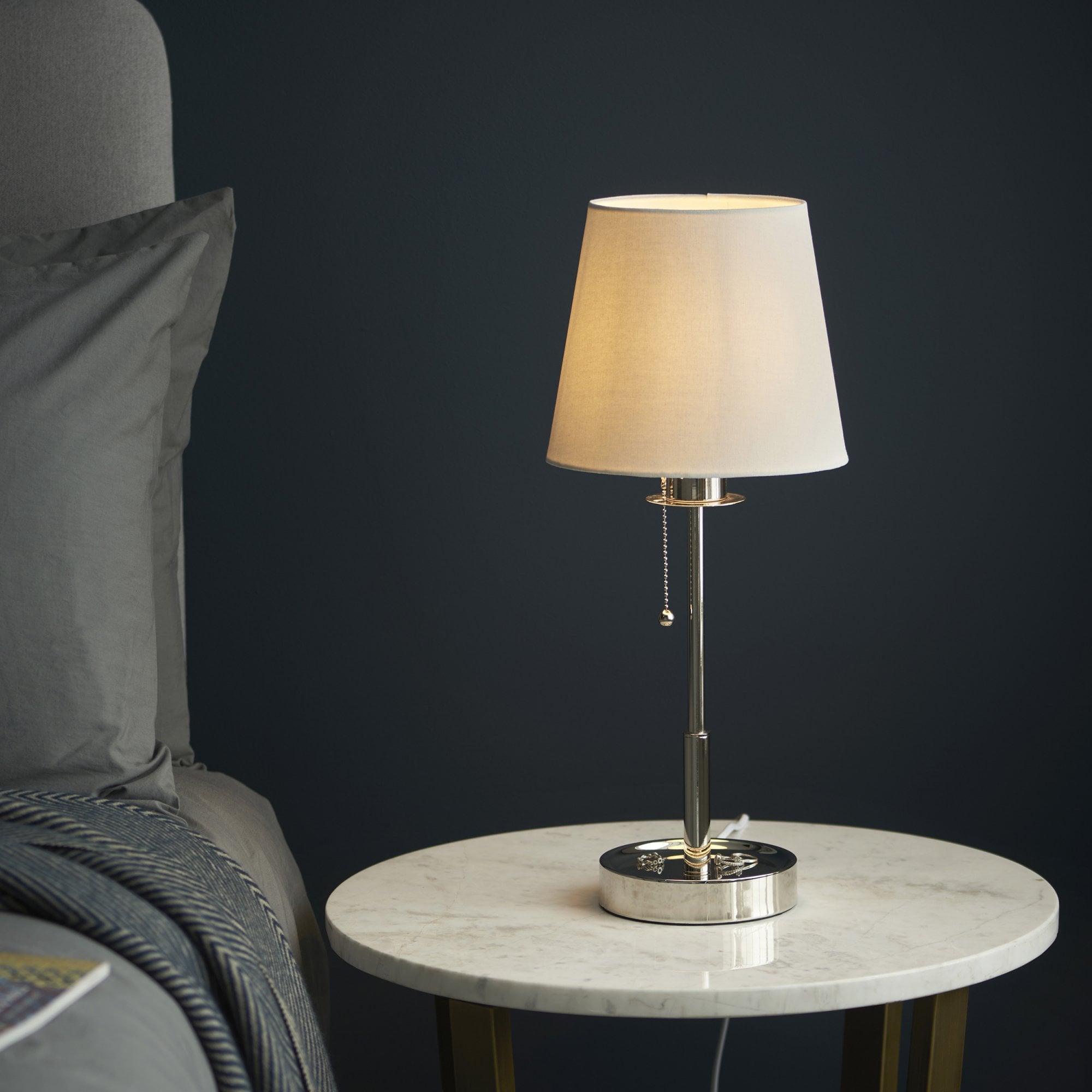 99596 1 Light Table Lamp Bright Nickel Plate & Vintage White Fabric