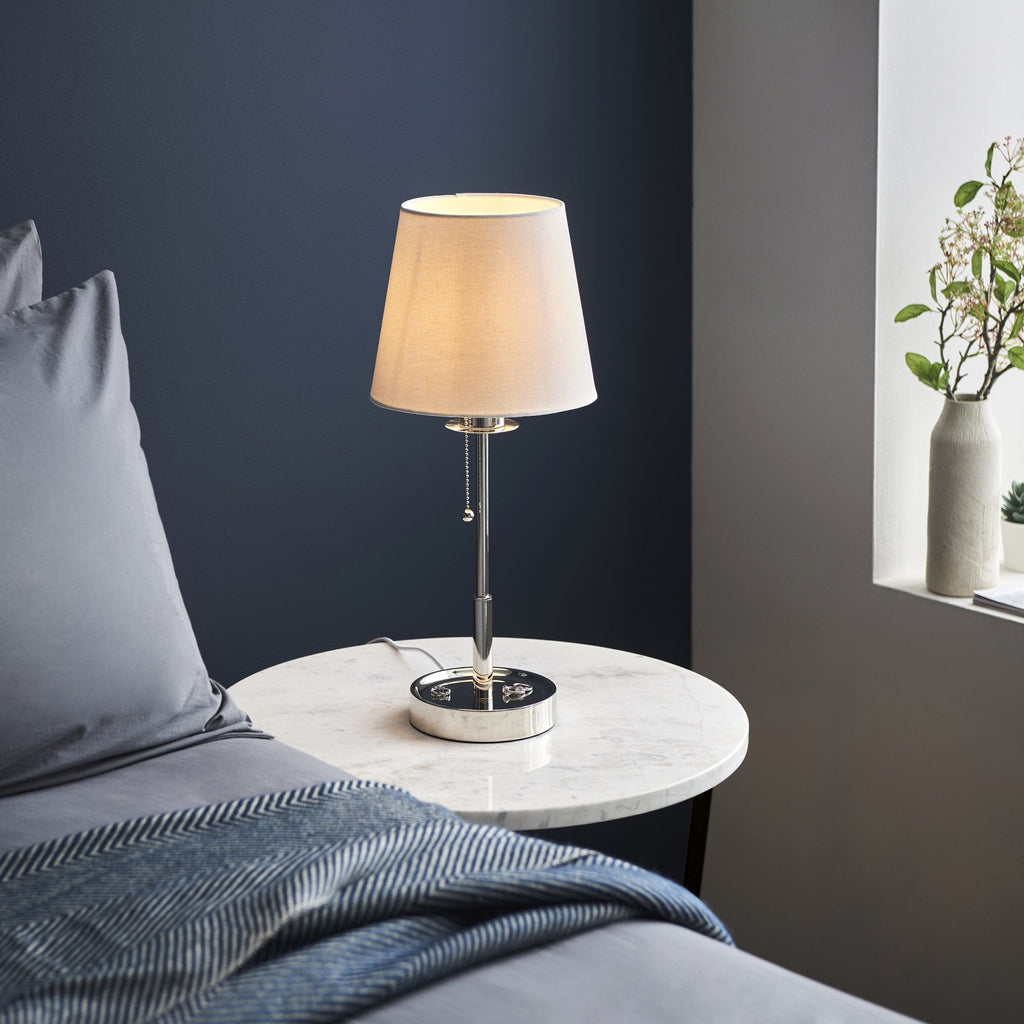 99596 1 Light Table Lamp Bright Nickel Plate & Vintage White Fabric