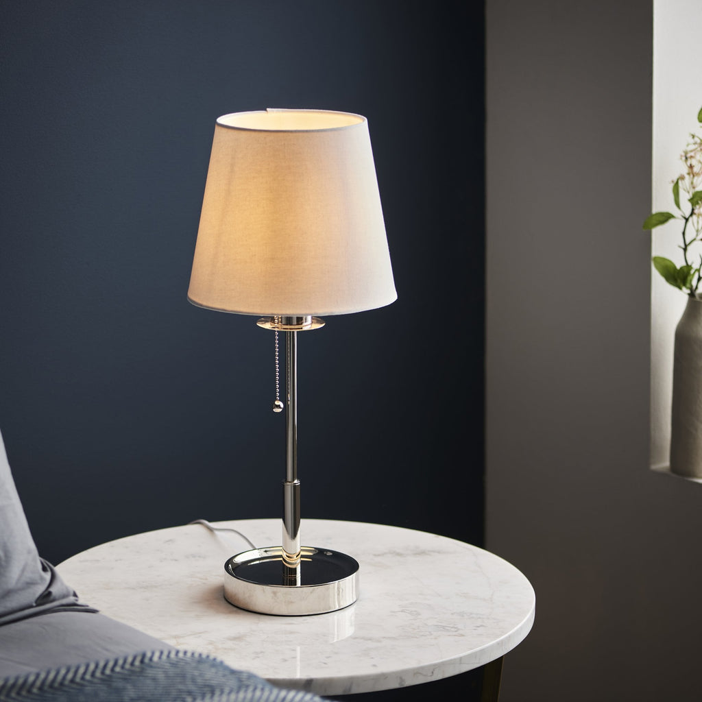 99596 1 Light Table Lamp Bright Nickel Plate & Vintage White Fabric