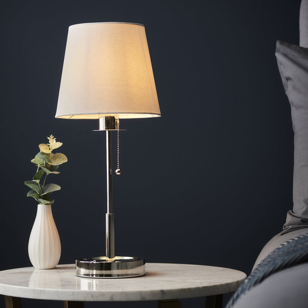 99596 1 Light Table Lamp Bright Nickel Plate & Vintage White Fabric