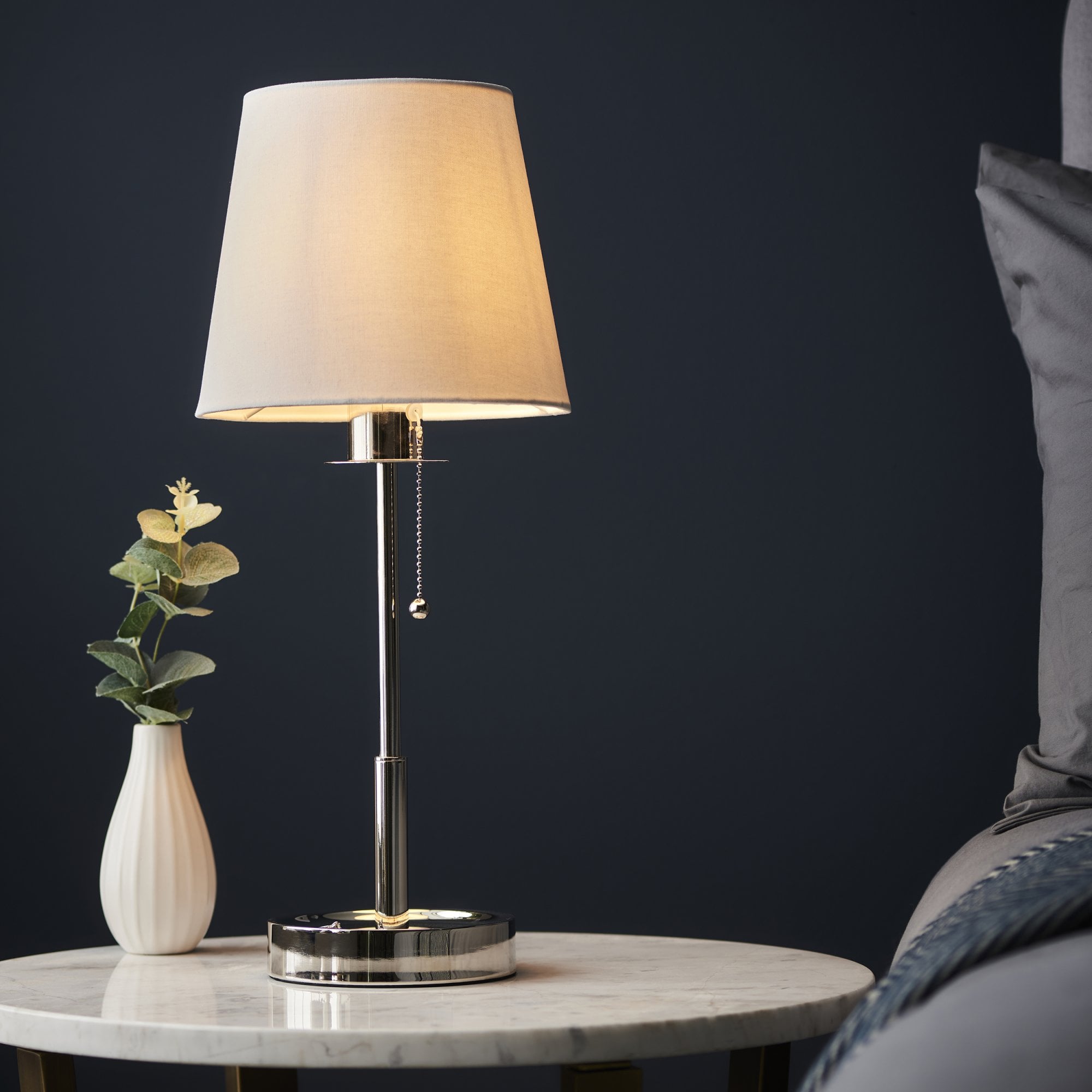 99596 1 Light Table Lamp Bright Nickel Plate & Vintage White Fabric