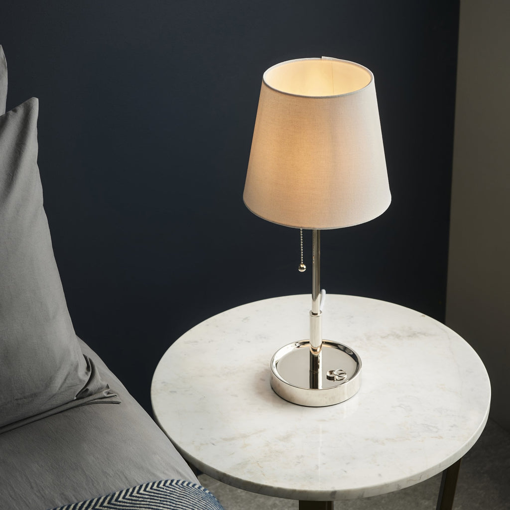 99596 1 Light Table Lamp Bright Nickel Plate & Vintage White Fabric