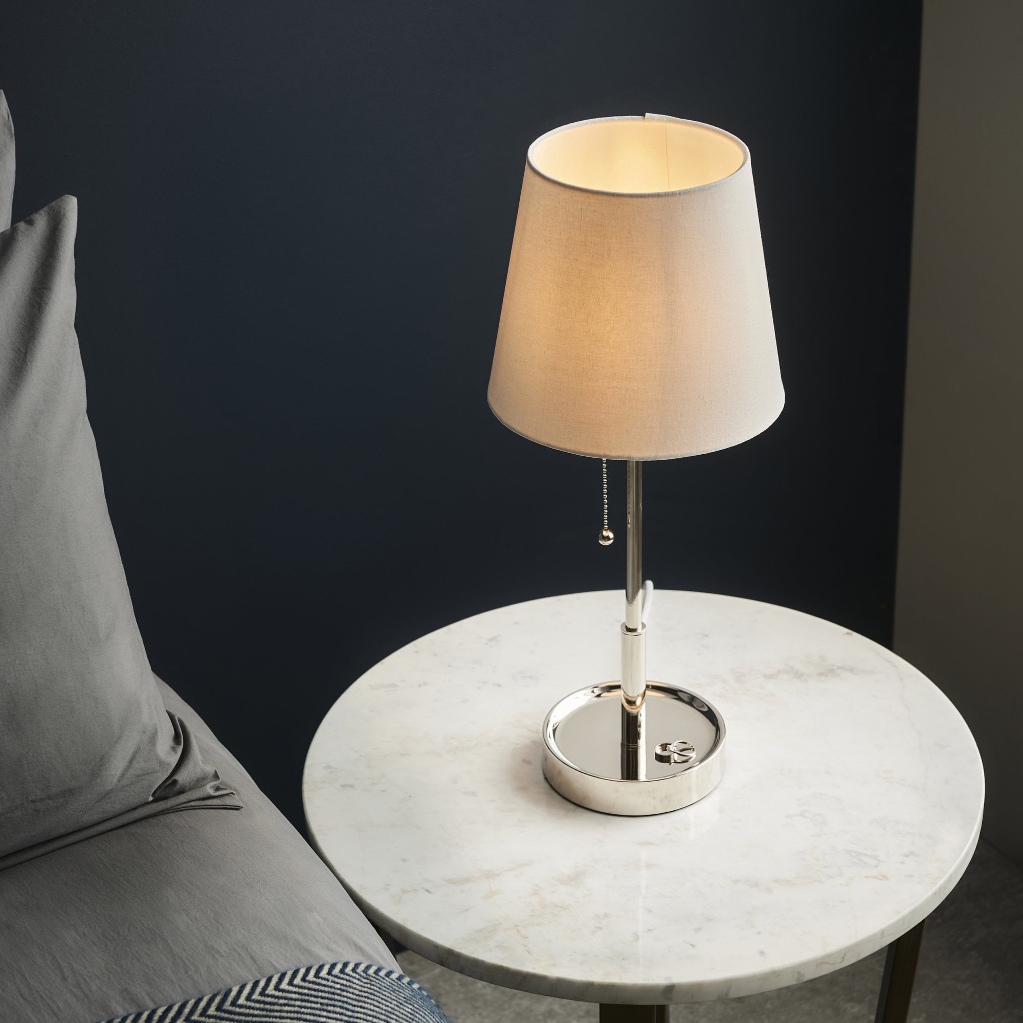 99596 1 Light Table Lamp Bright Nickel Plate & Vintage White Fabric