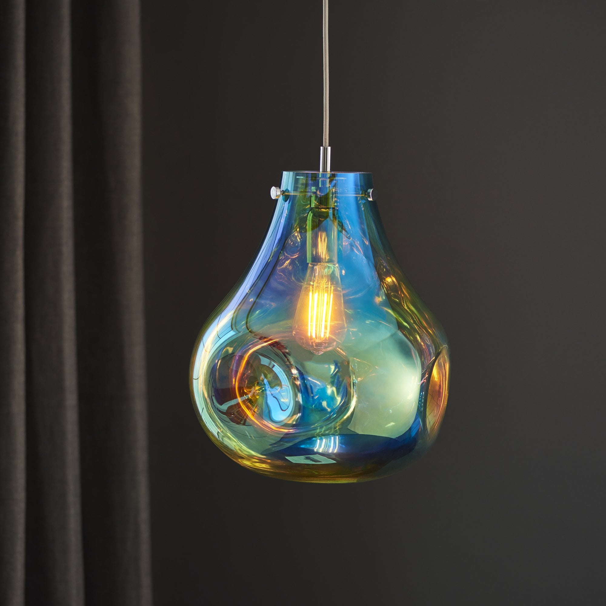 99791 1 Light Pendant Petrol Metallic Glass & Chrome Plate