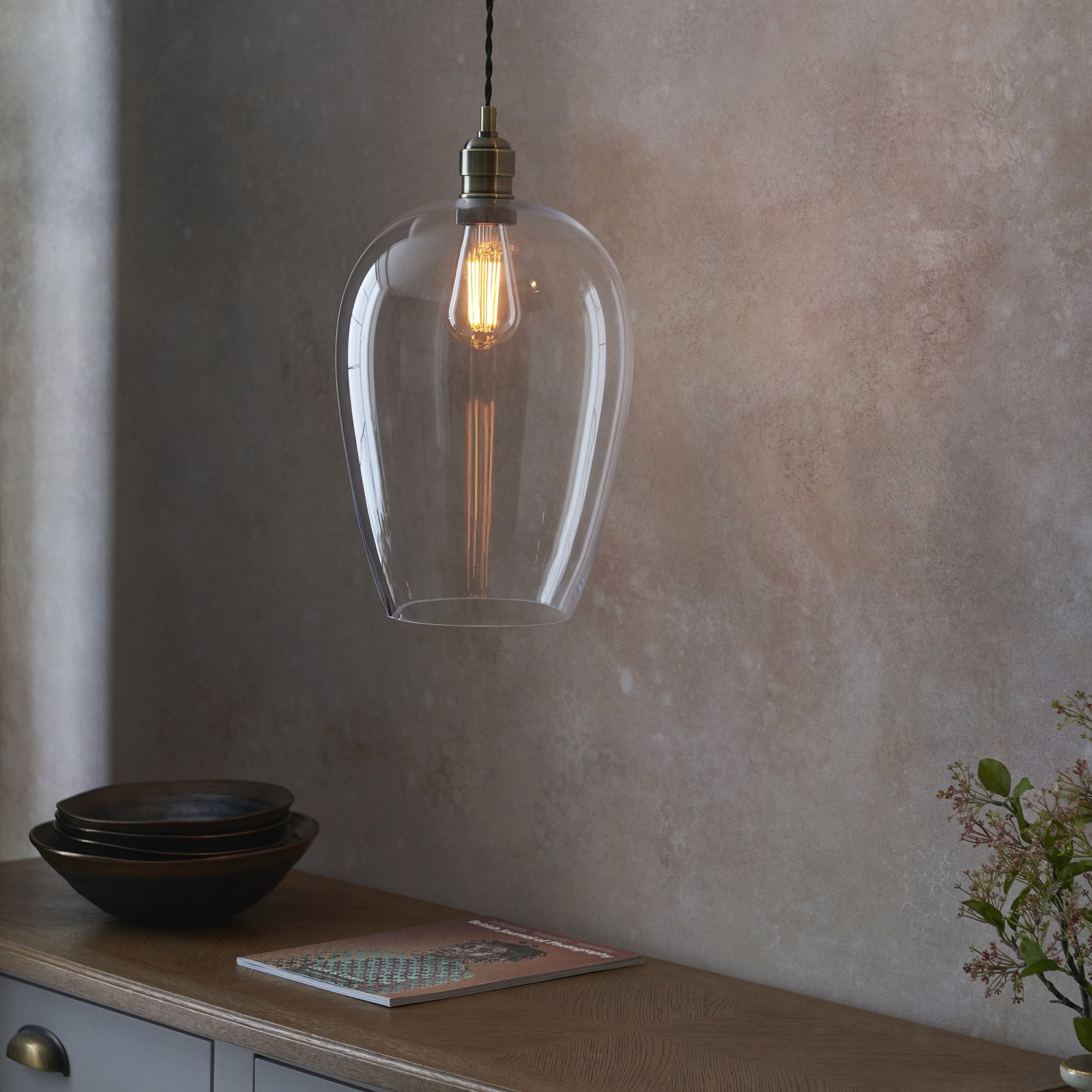 100658 1 Light Pendant Antique Brass Plate & Clear Glass