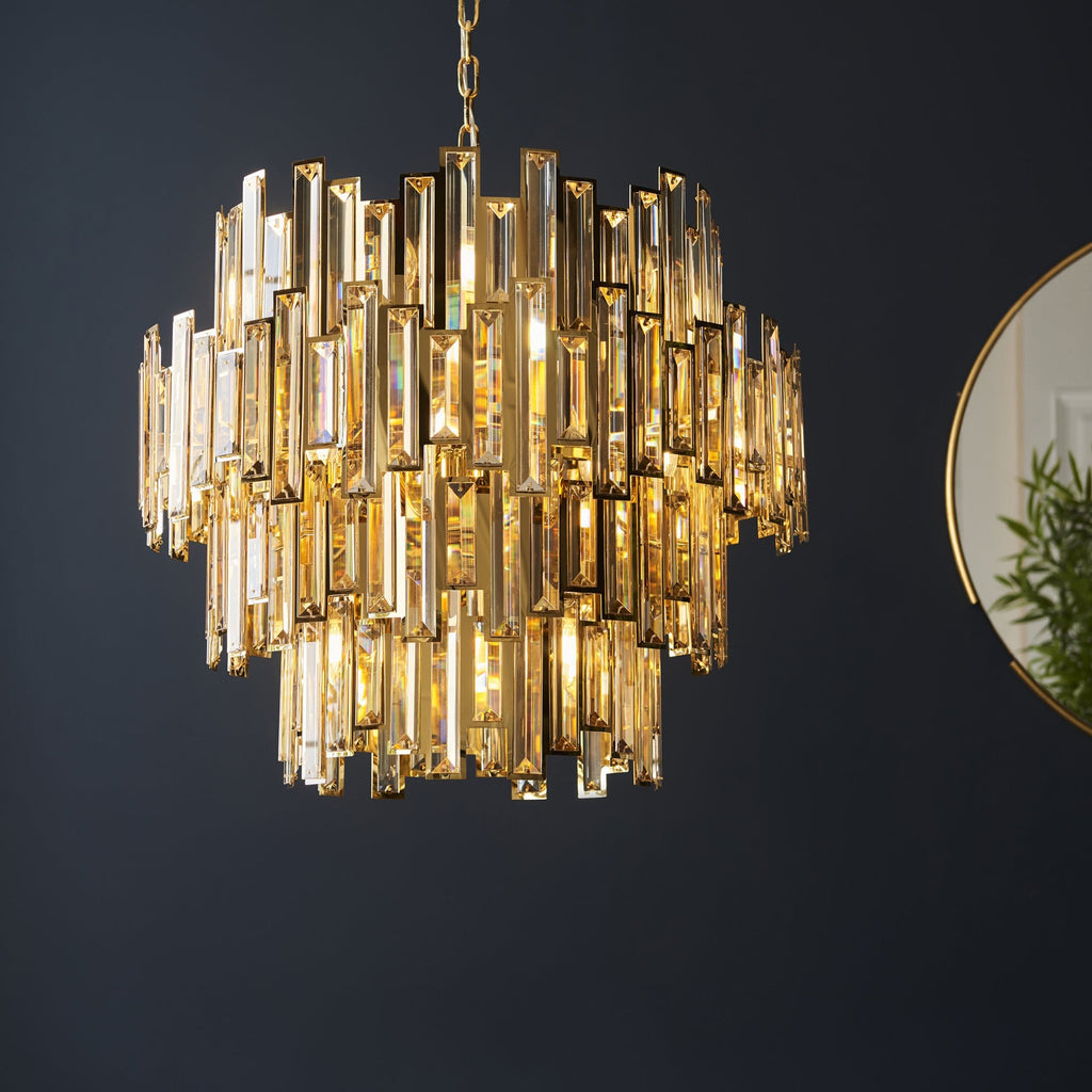101663 15 Light Pendant Gold Effect Plate & Champagne Crystal