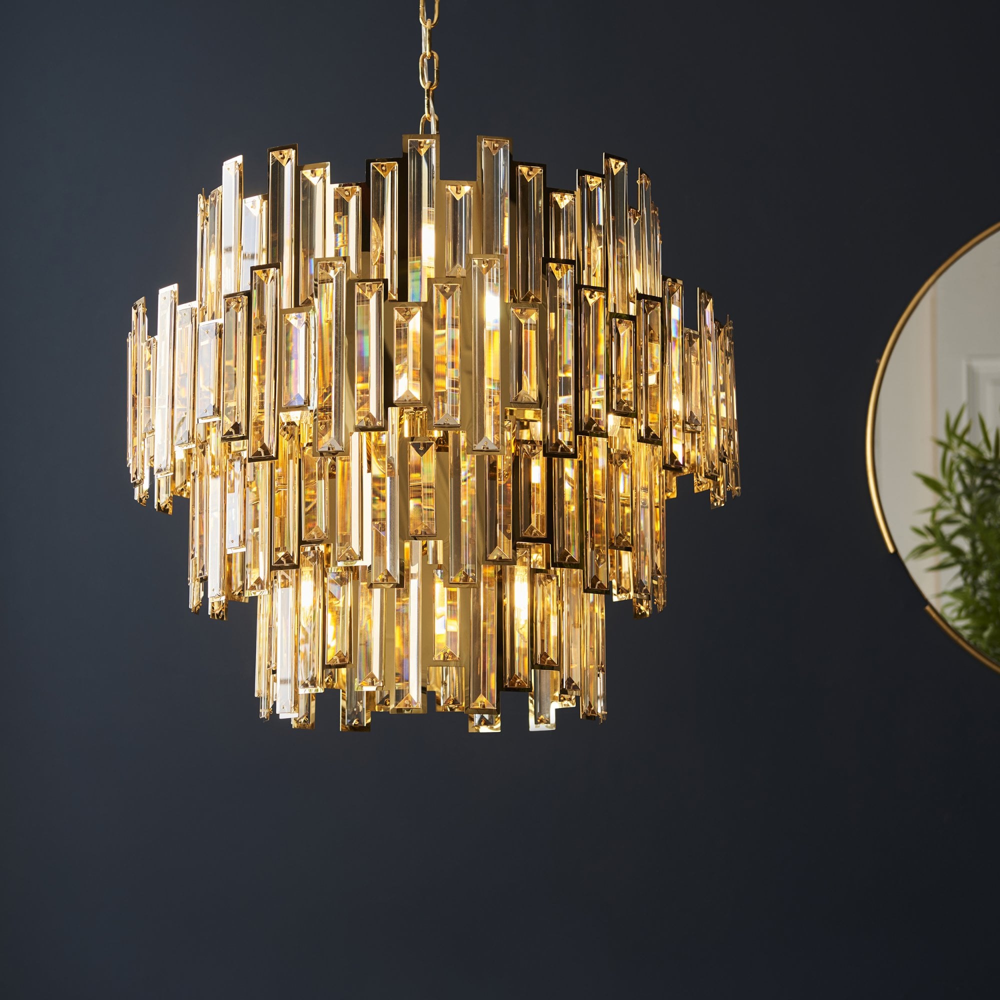101663 15 Light Pendant Gold Effect Plate & Champagne Crystal