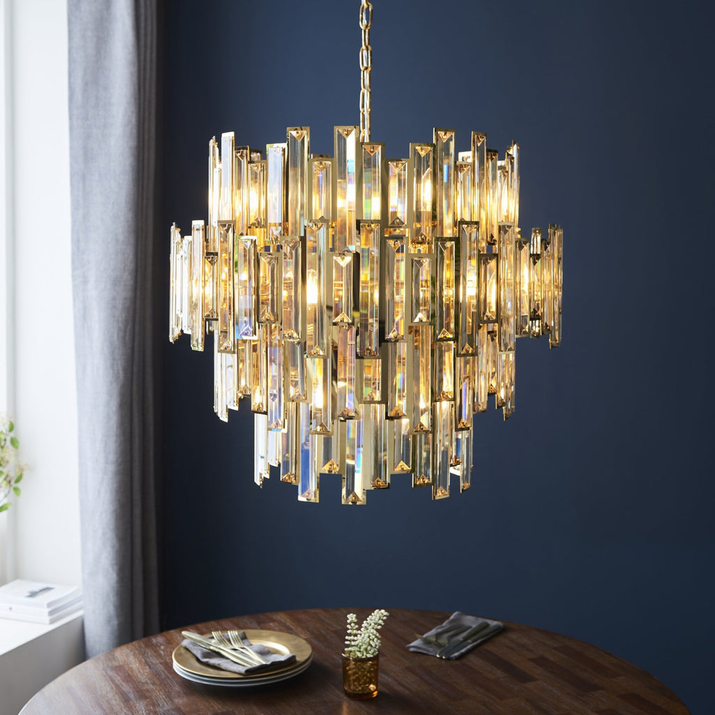 101663 15 Light Pendant Gold Effect Plate & Champagne Crystal