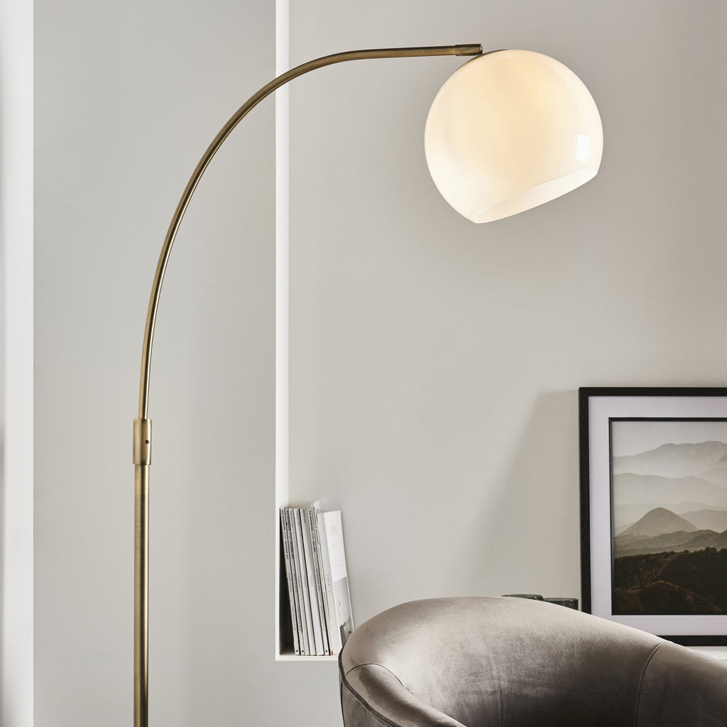 91744 Otto 1 Light Floor Lamp Matt Antique Brass Plate, Black Marble & Opal Glass