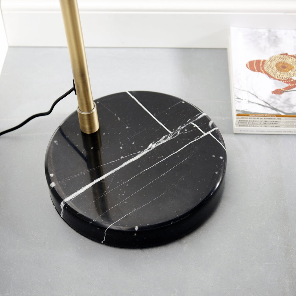 91744 Otto 1 Light Floor Lamp Matt Antique Brass Plate, Black Marble & Opal Glass