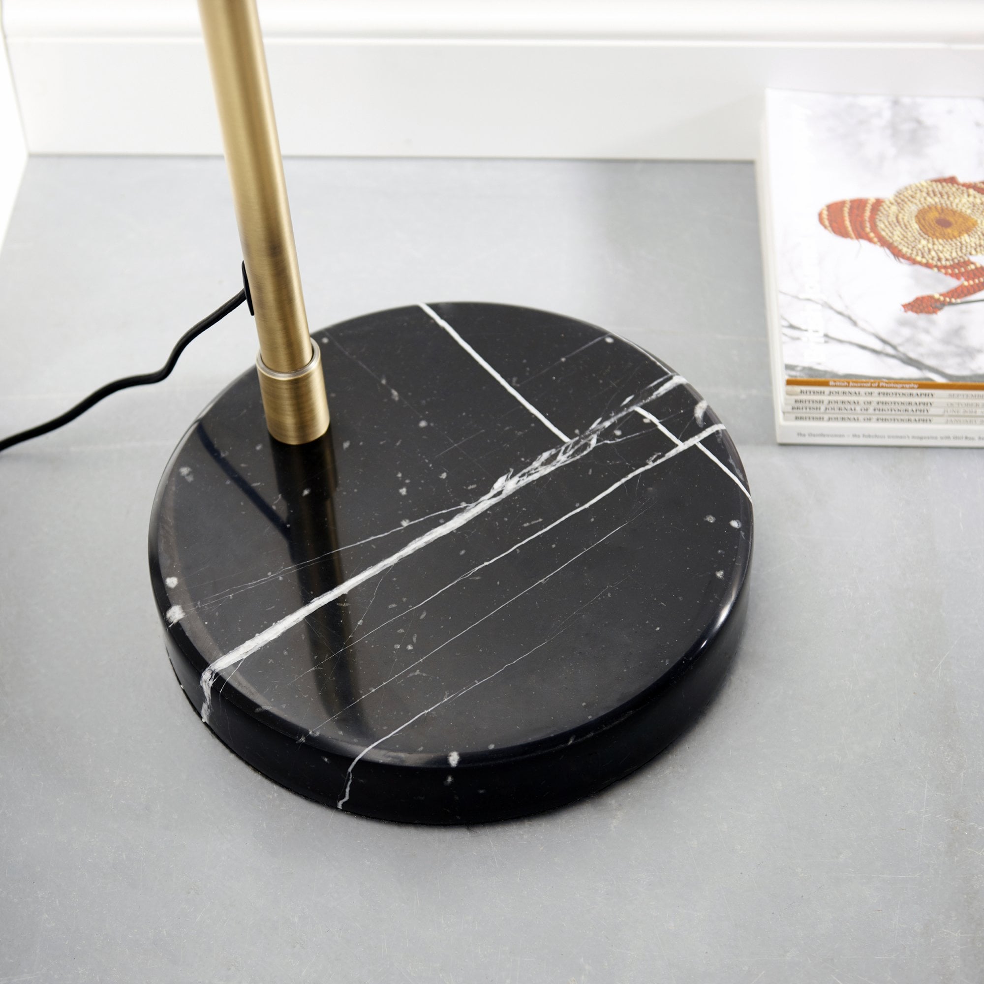 91744 Otto 1 Light Floor Lamp Matt Antique Brass Plate, Black Marble & Opal Glass