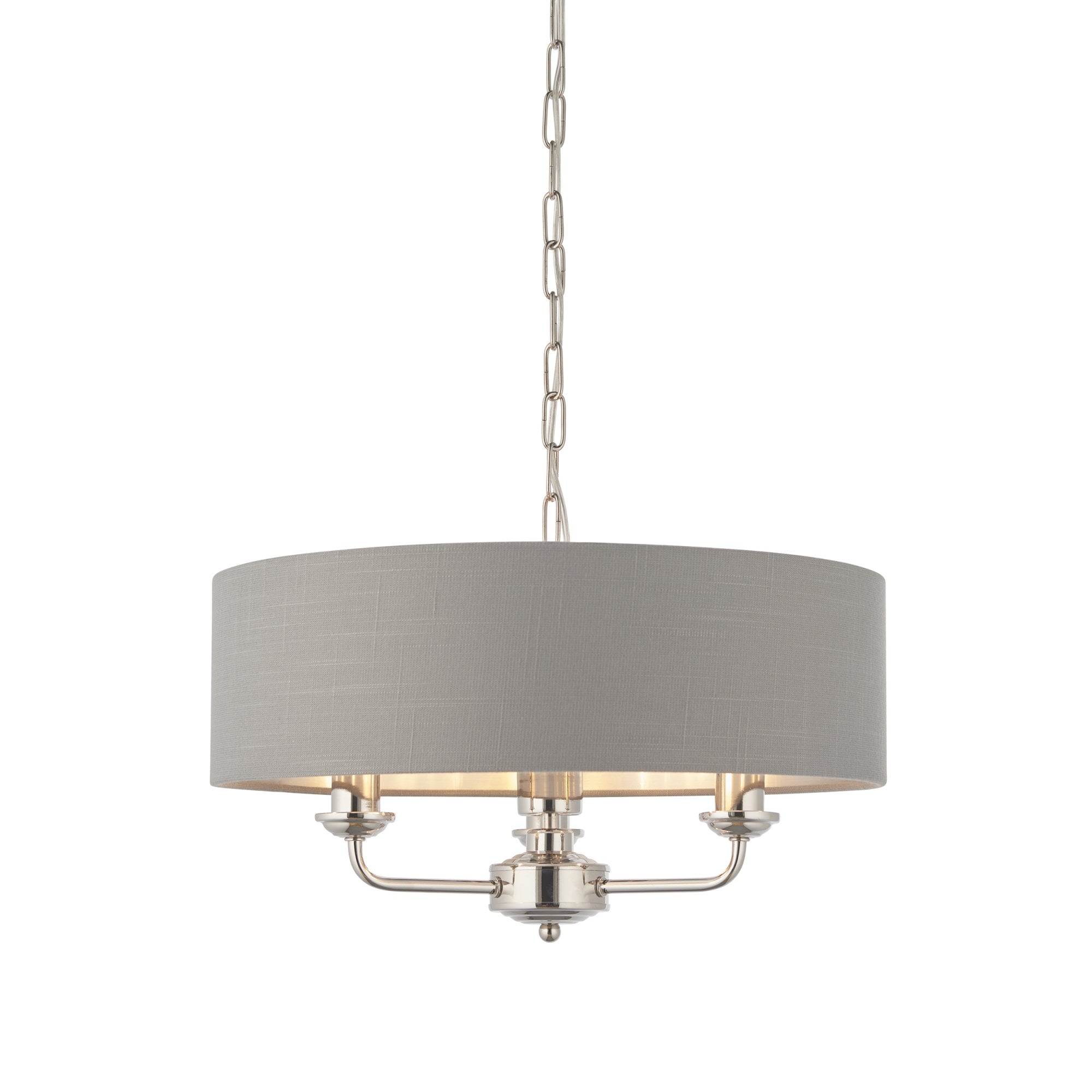 94377 Highclere 3 Light Pendant Bright Nickel Plate & Charcoal Fabric